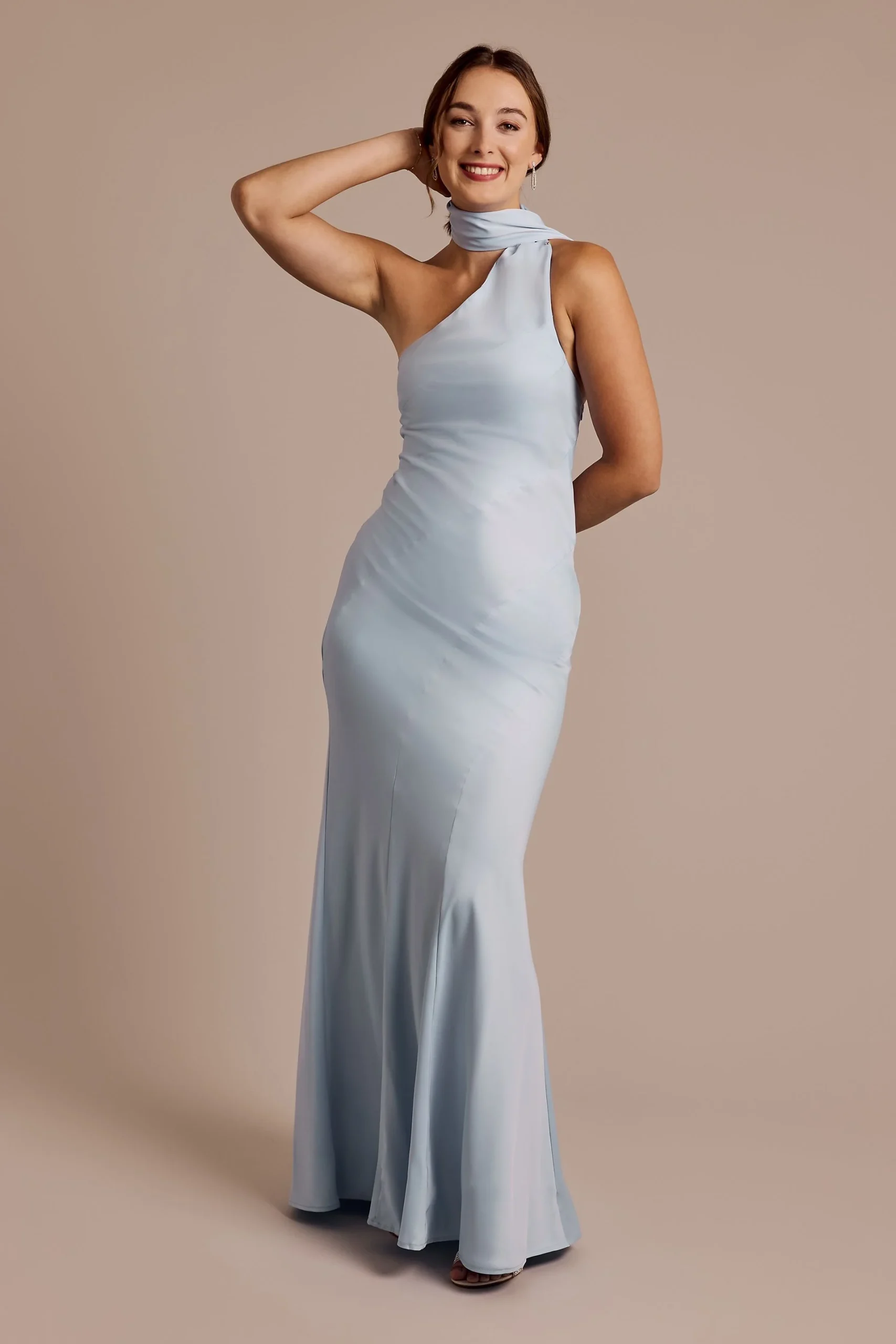 One-Shoulder Satin Scarf Slip Dress