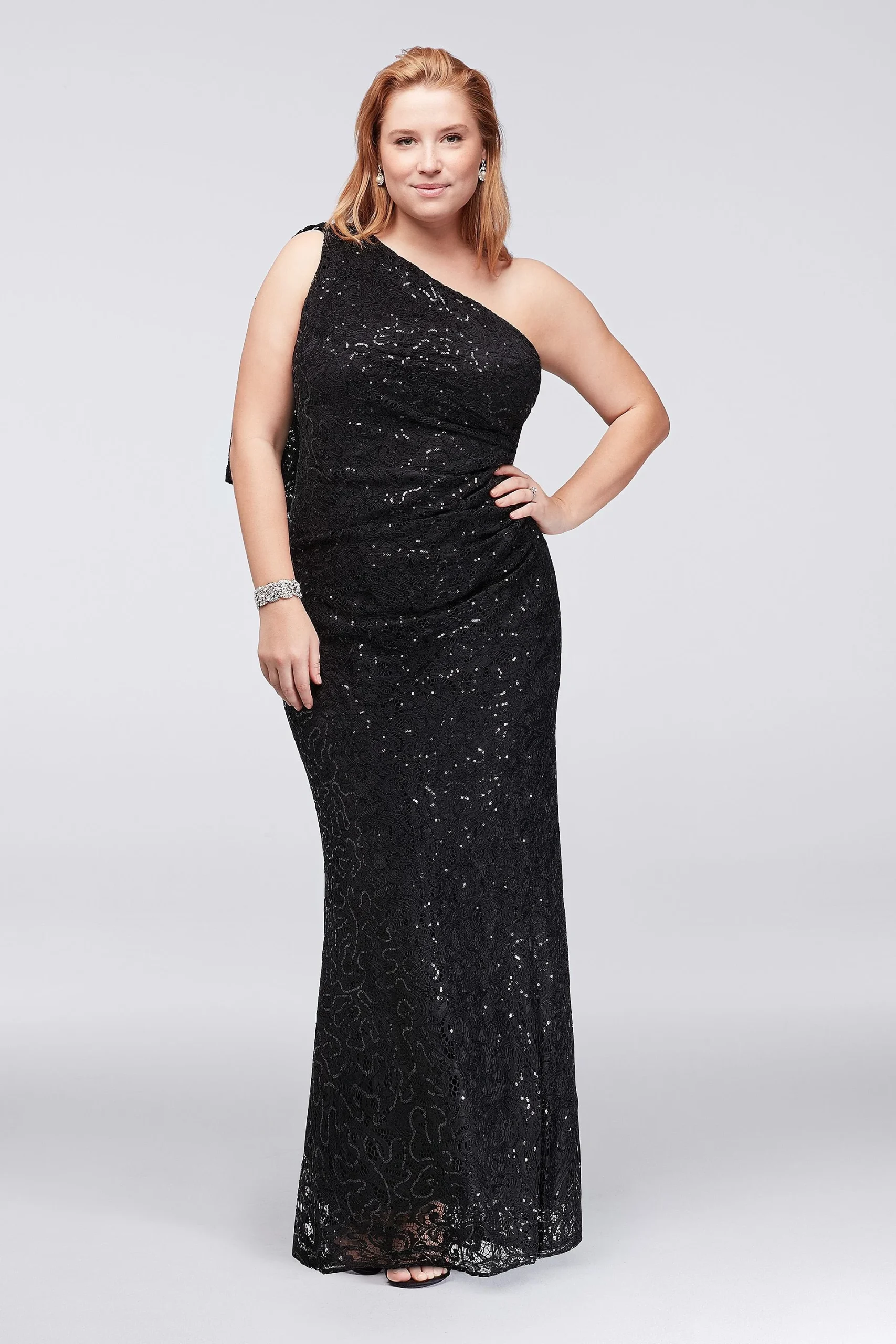 One-Shoulder Sequin Lace Plus Size Dress