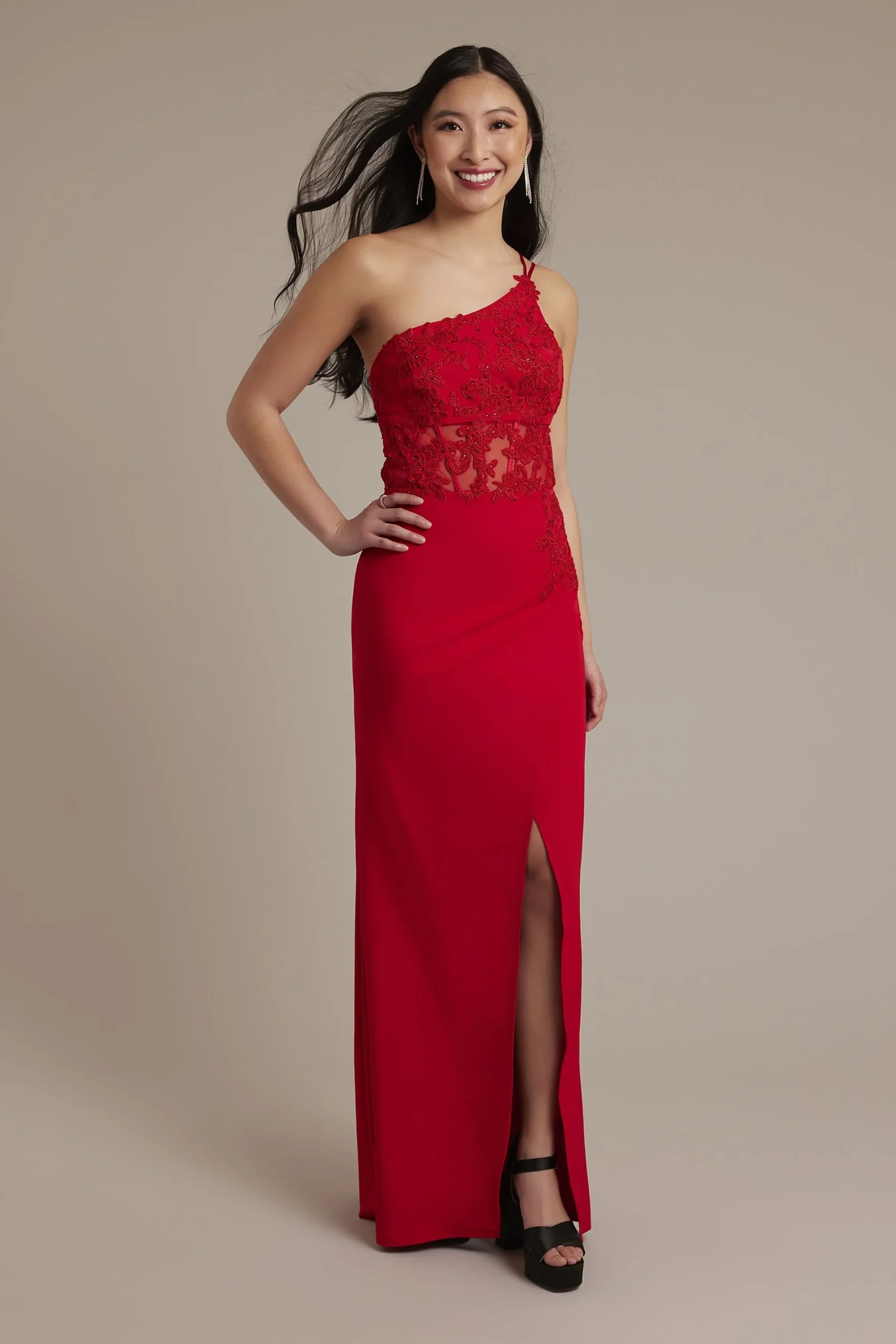 One-Shoulder Sheath Dress with Beaded Appliques