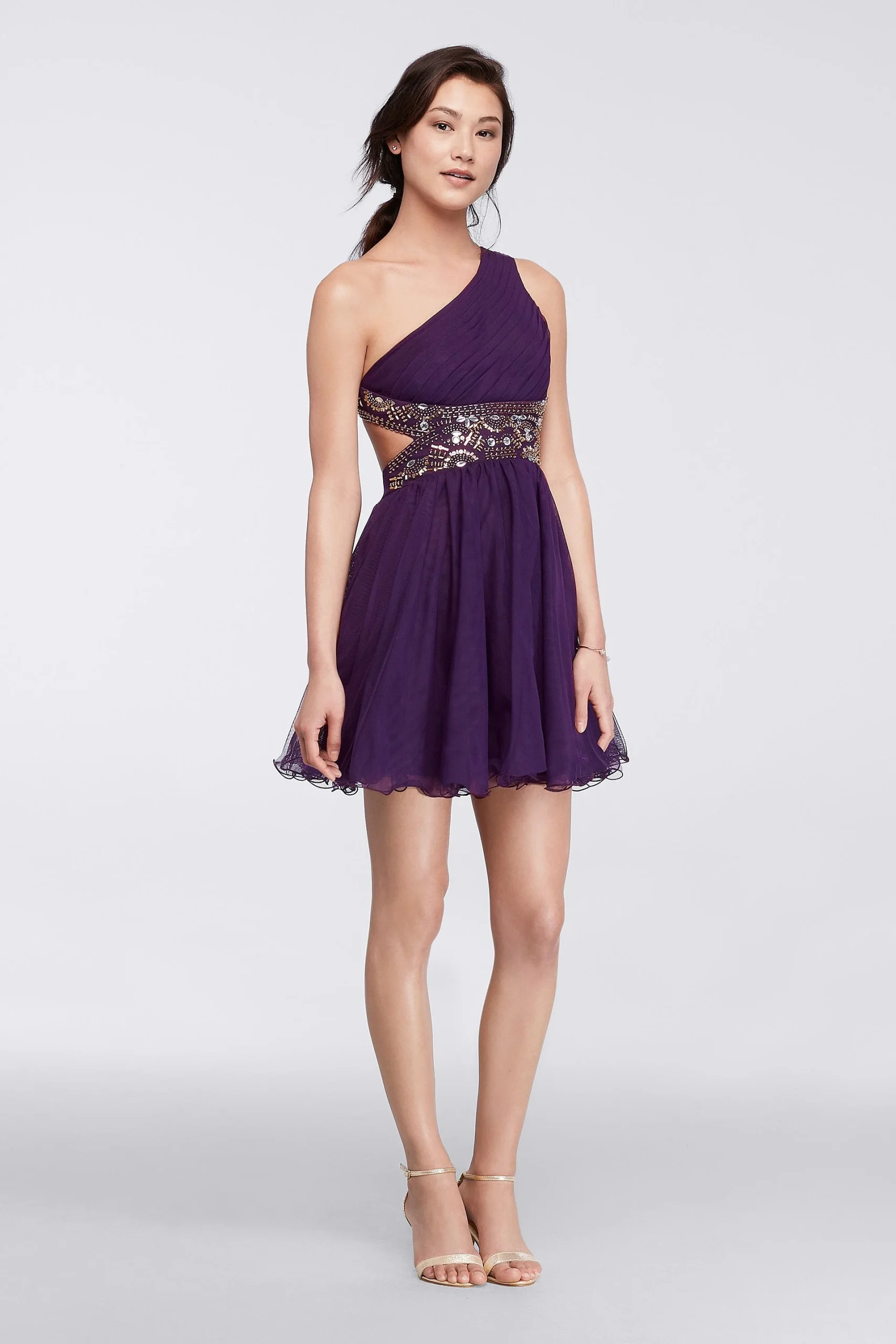 One-Shoulder Short Dress with Metallic Bodice