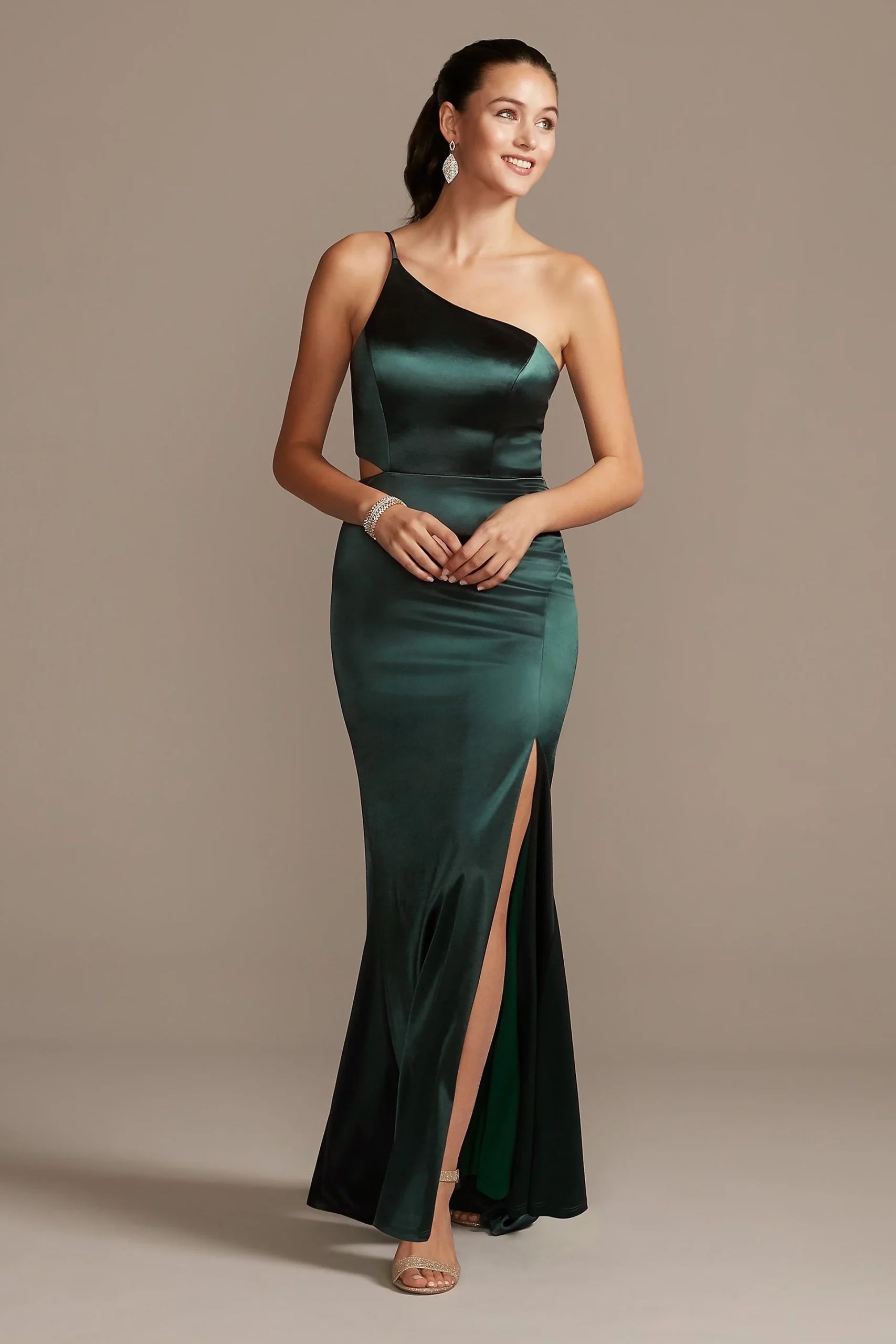 One-Shoulder Spaghetti Strap Cutout Satin Gown