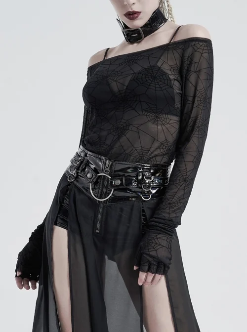 One-Word Collar Long Sleeve Half-Cut Finger Cuffs Black Punk Tight Velvet Cobweb Prints T-Shirt