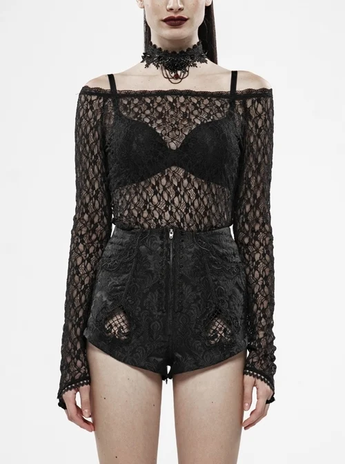 One-Word Collar Long Sleeves Black Gothic Transparent Lace T-Shirt