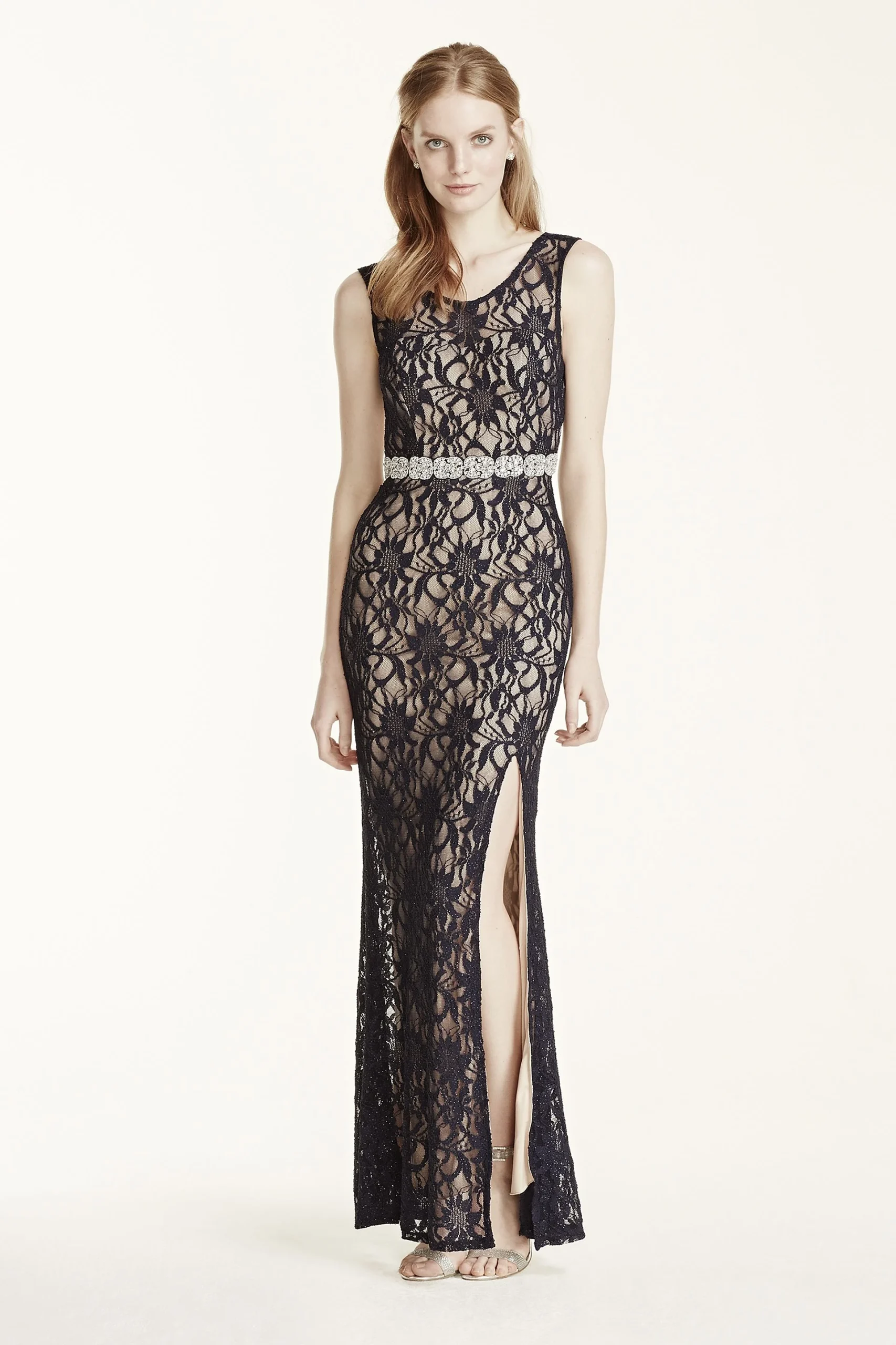 Open Back Lace Dress with Embellished Waist