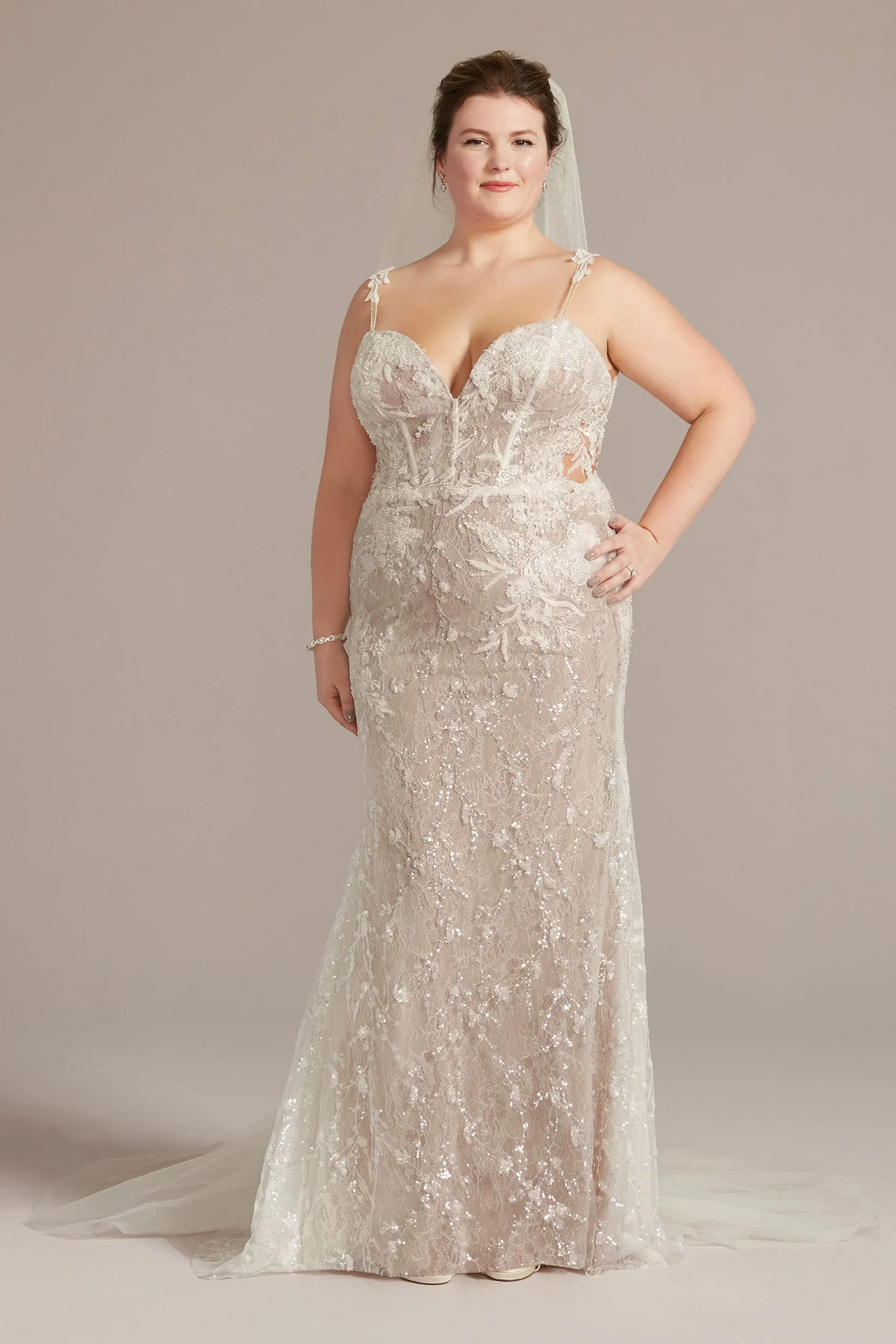 Open Back Sequin Wedding Gown with Lace Appliques
