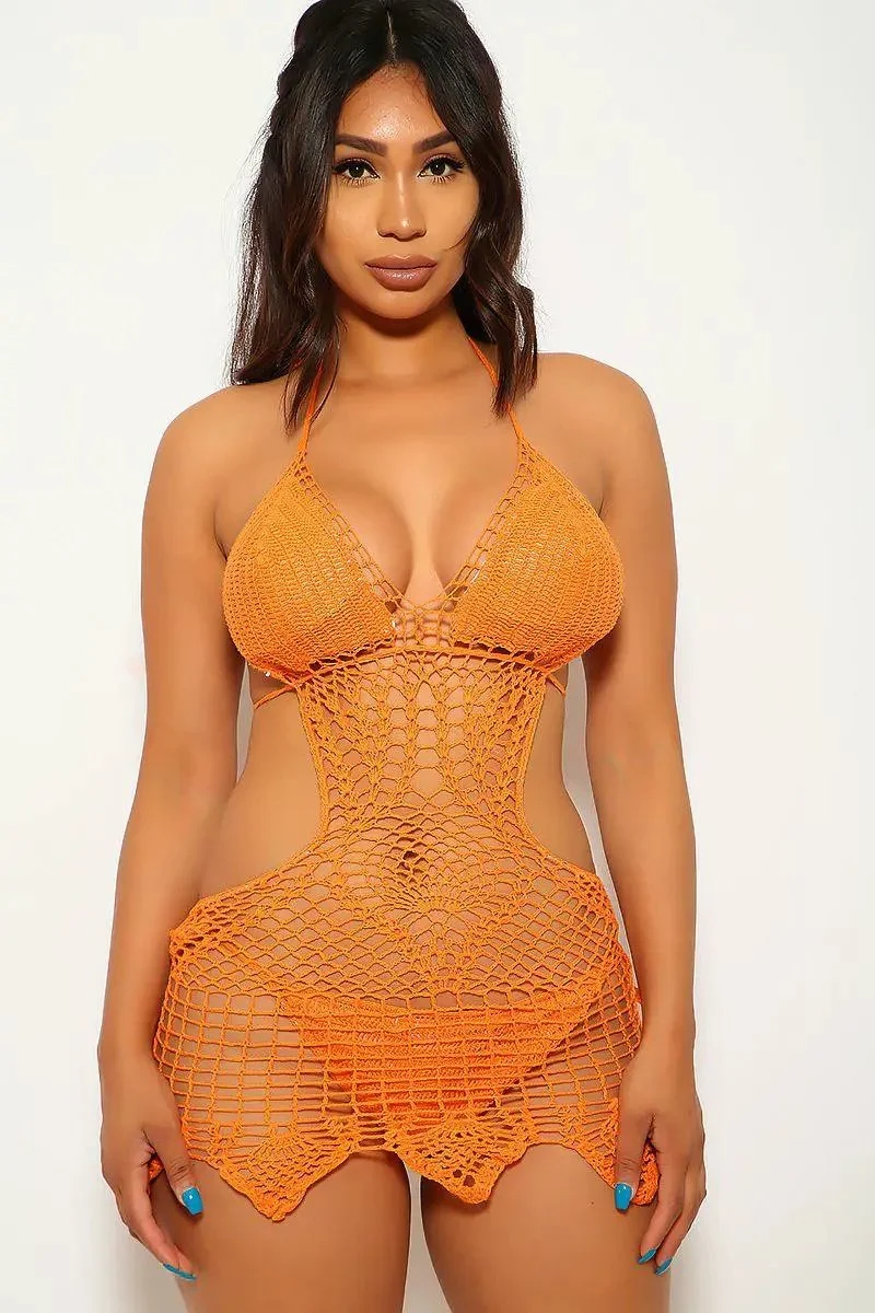 Orange Crochet Design Two Piece Swimsuit