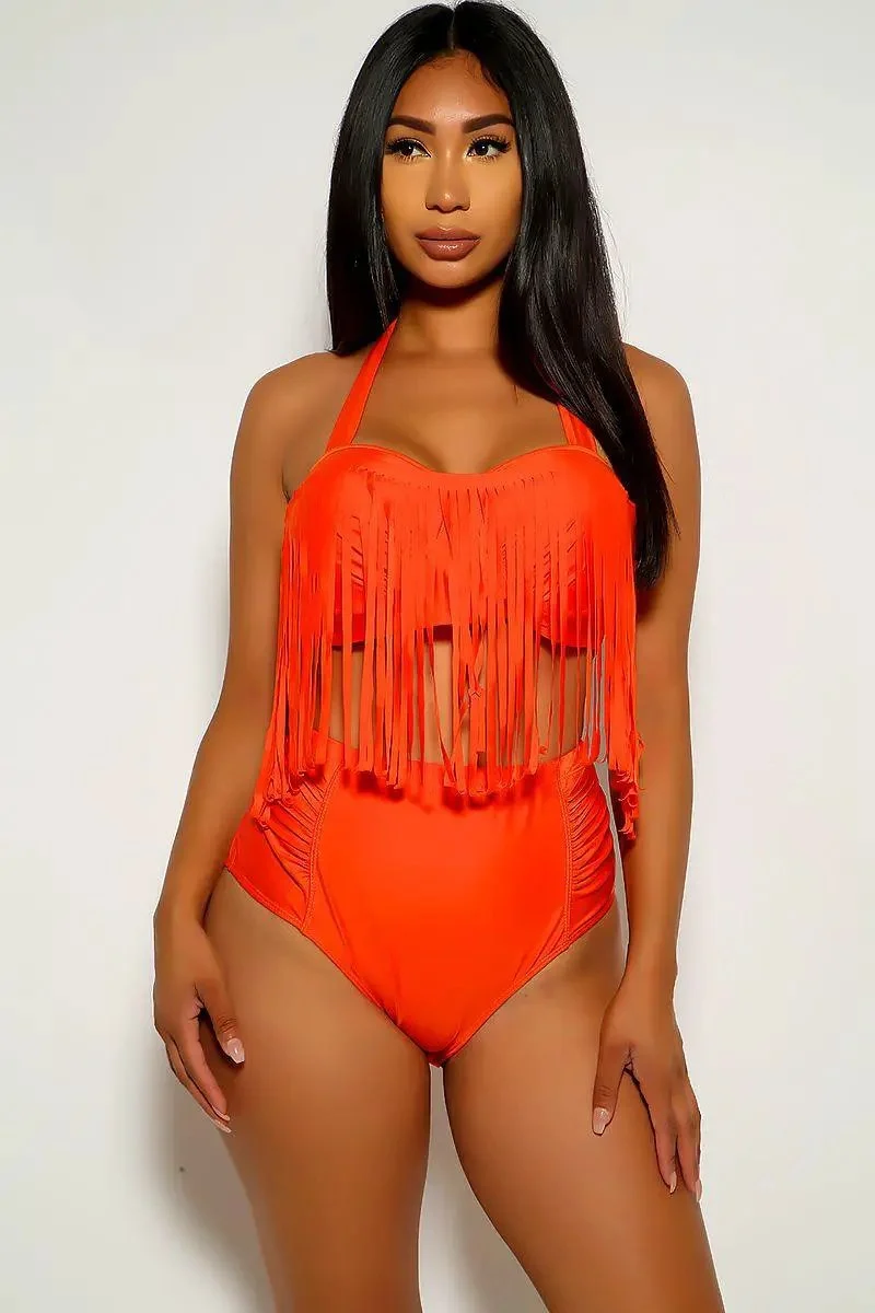 Orange Fringe High Waist Plus Size Swimsuit