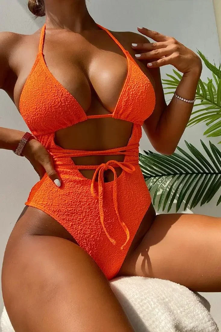 Orange Strappy Cut Out 1 Pc Sexy Swimsuit Monokini