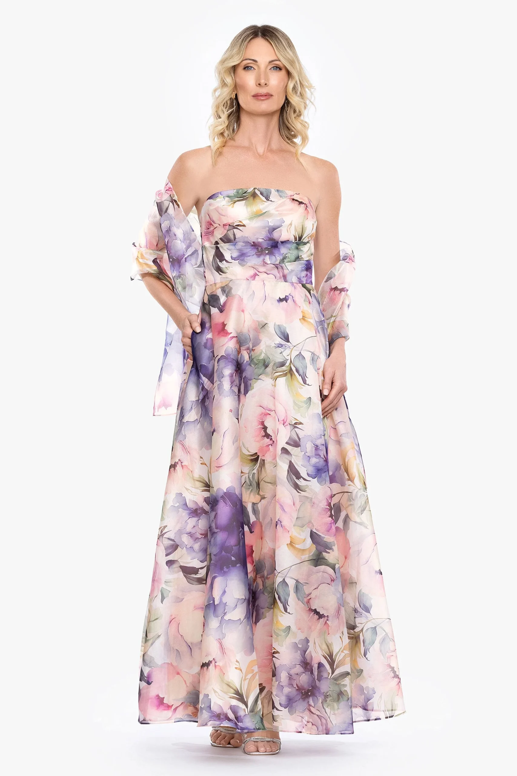 Organza Floral A-Line Dress with Matching Wrap