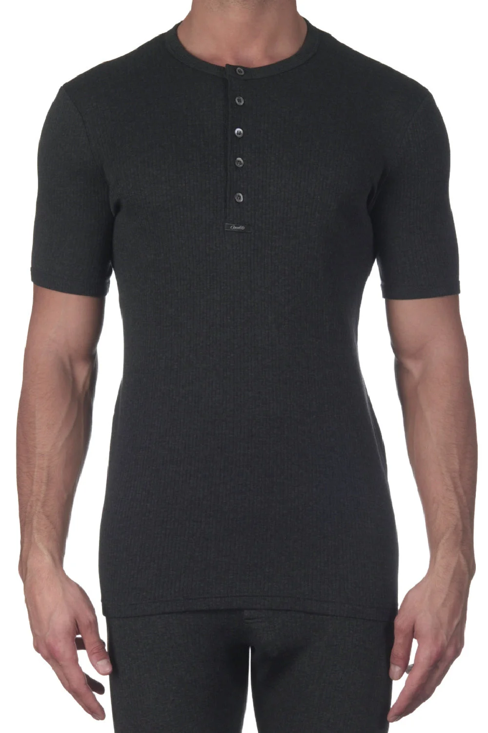 Oscalito Men's T-Shirt Button Opening in Termotex, Ebony (5558)
