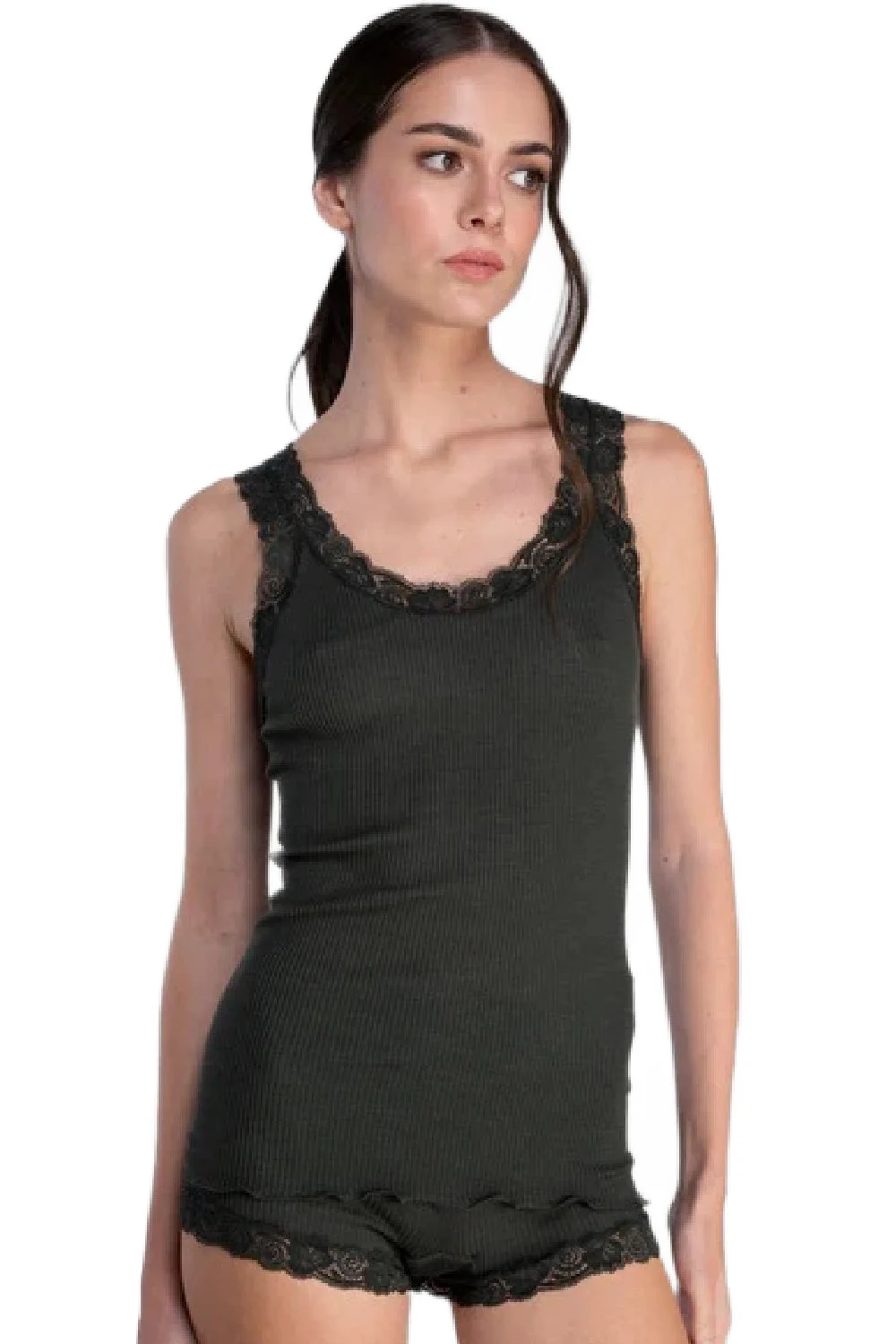 Oscalito Wool and Silk tank top with Leavers lace, Bosco (3410)