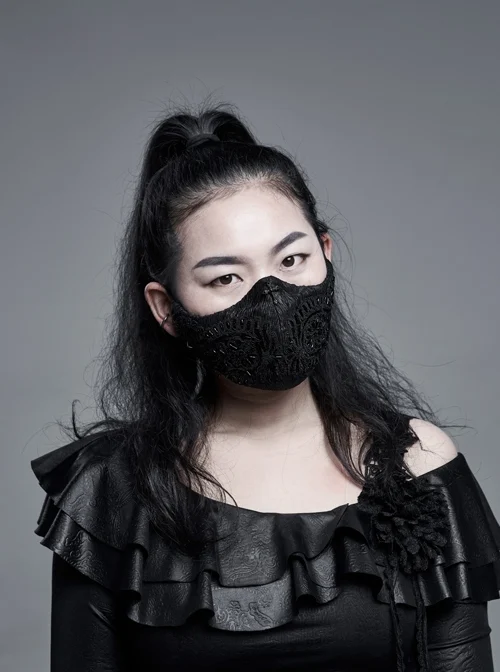 Outside Handmade Bead Embroidery Inside Mesh Knitted Black Gothic Women Mask