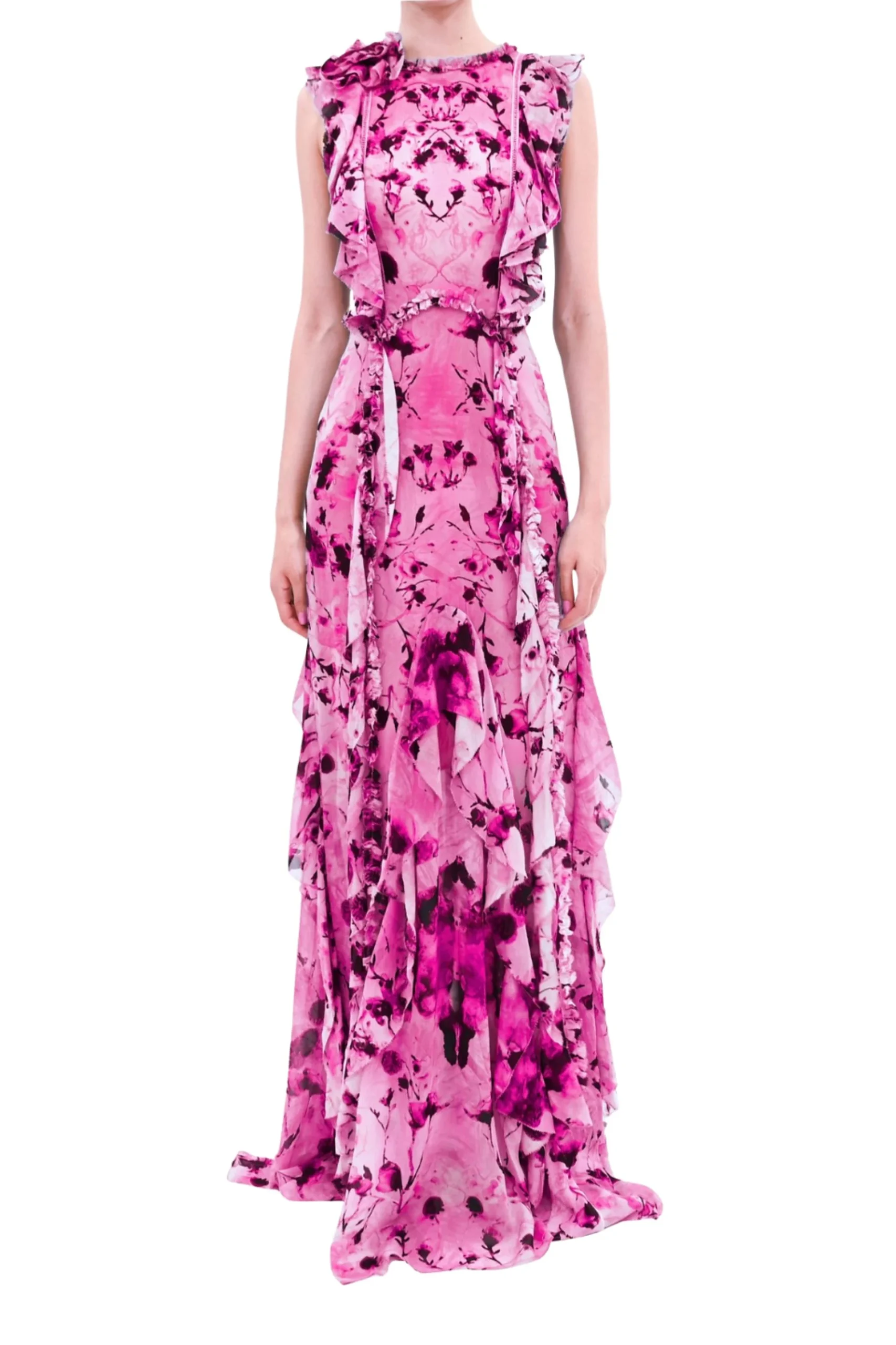 Painterly Print Sleeveless Georgette Gown