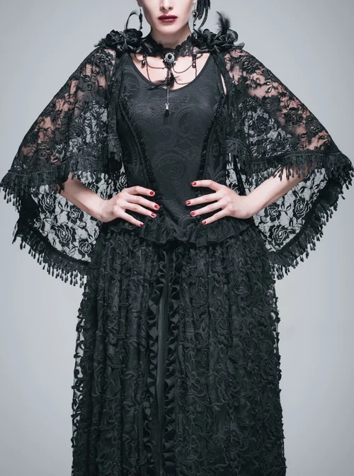 Paisley Dark Pattern Jacquard Rose Mesh Knitted Cape Lace Flounce Hem Black Gothic Vest