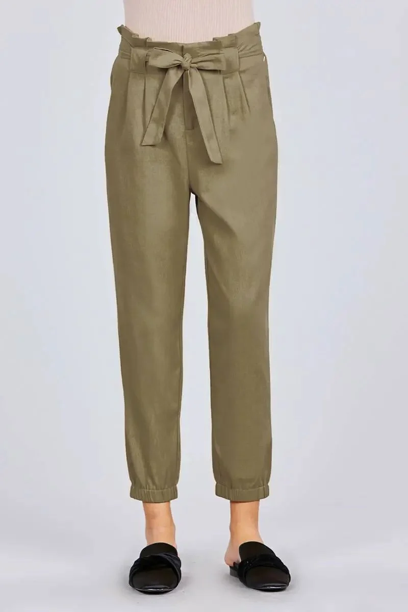 Paperbag W/bow Tie Elastic Hem Long Linen Pants