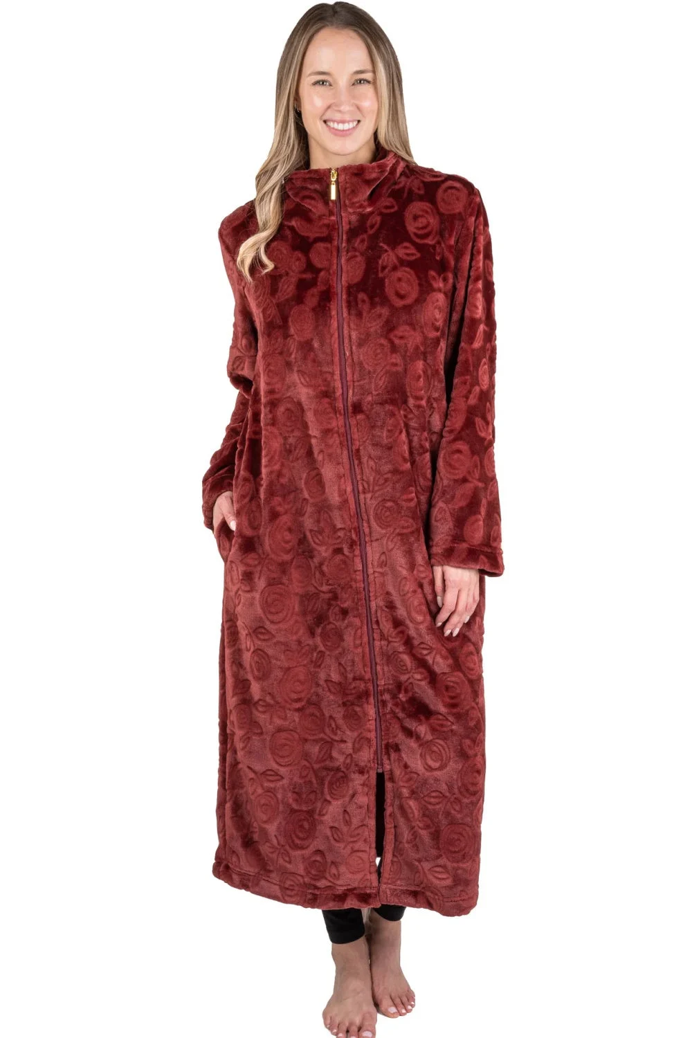 Patricia Plush Embossed 48" Zip Front Robe, Wine (996-C)