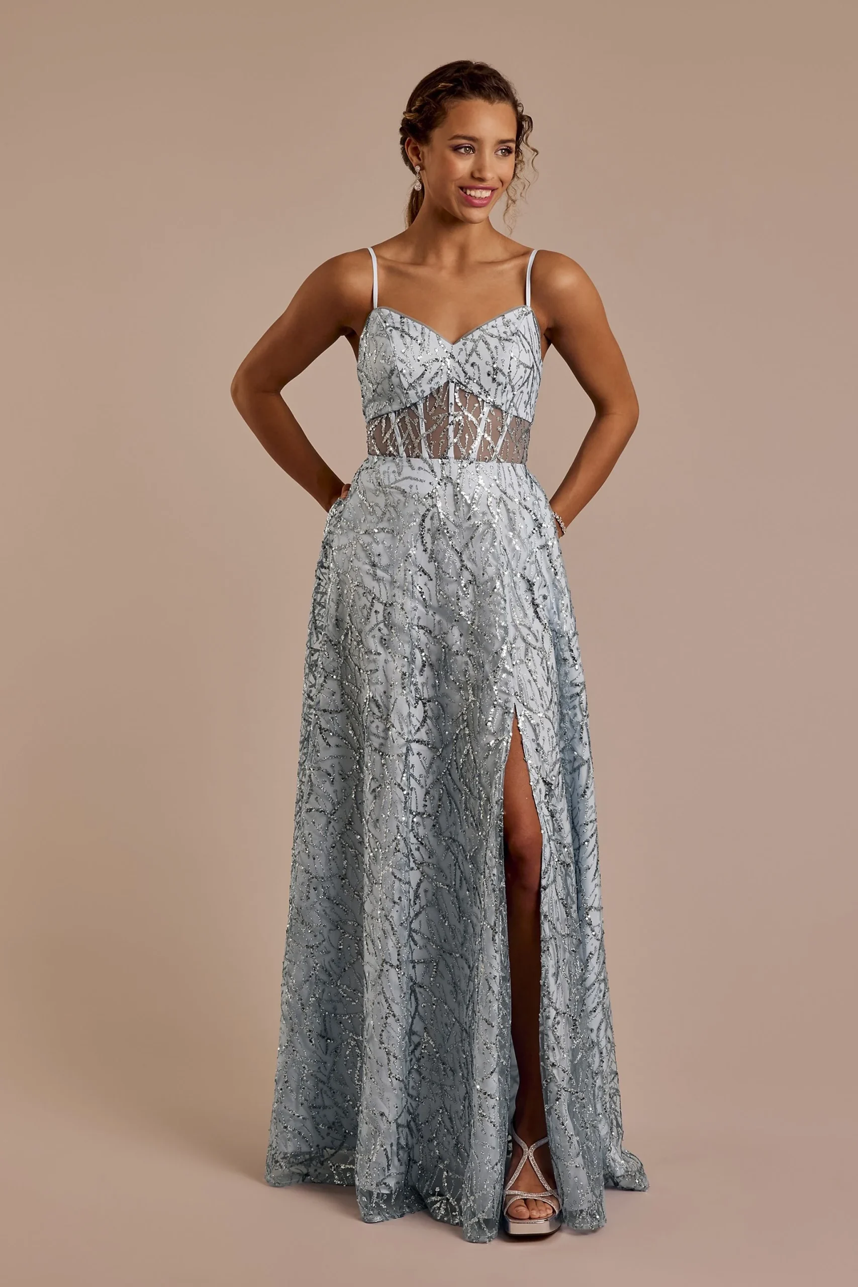 Patterned Glitter A-Line Dress with Sheer Corset