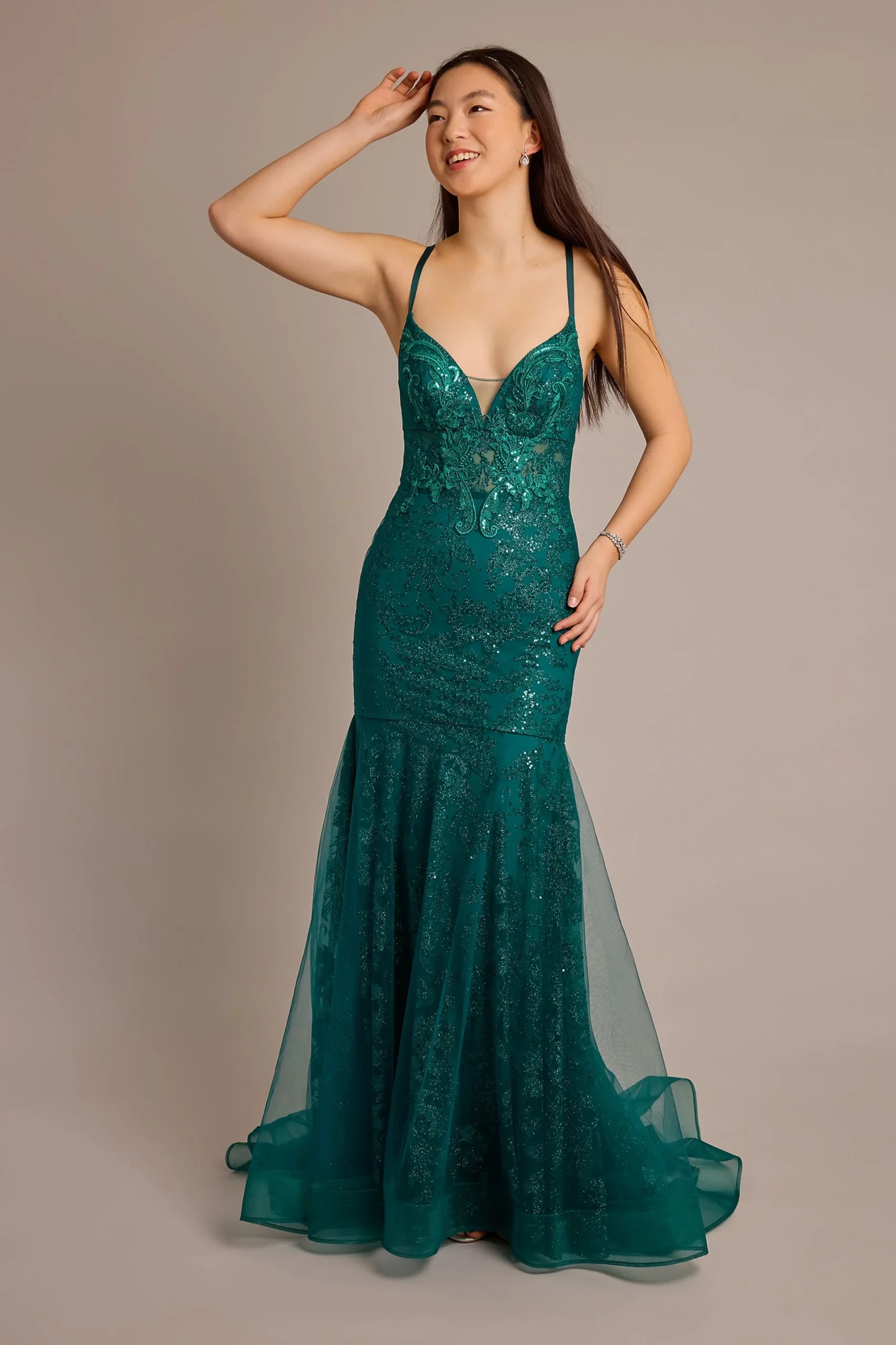 Patterned Glitter Mermaid Dress with Lace-Up Back