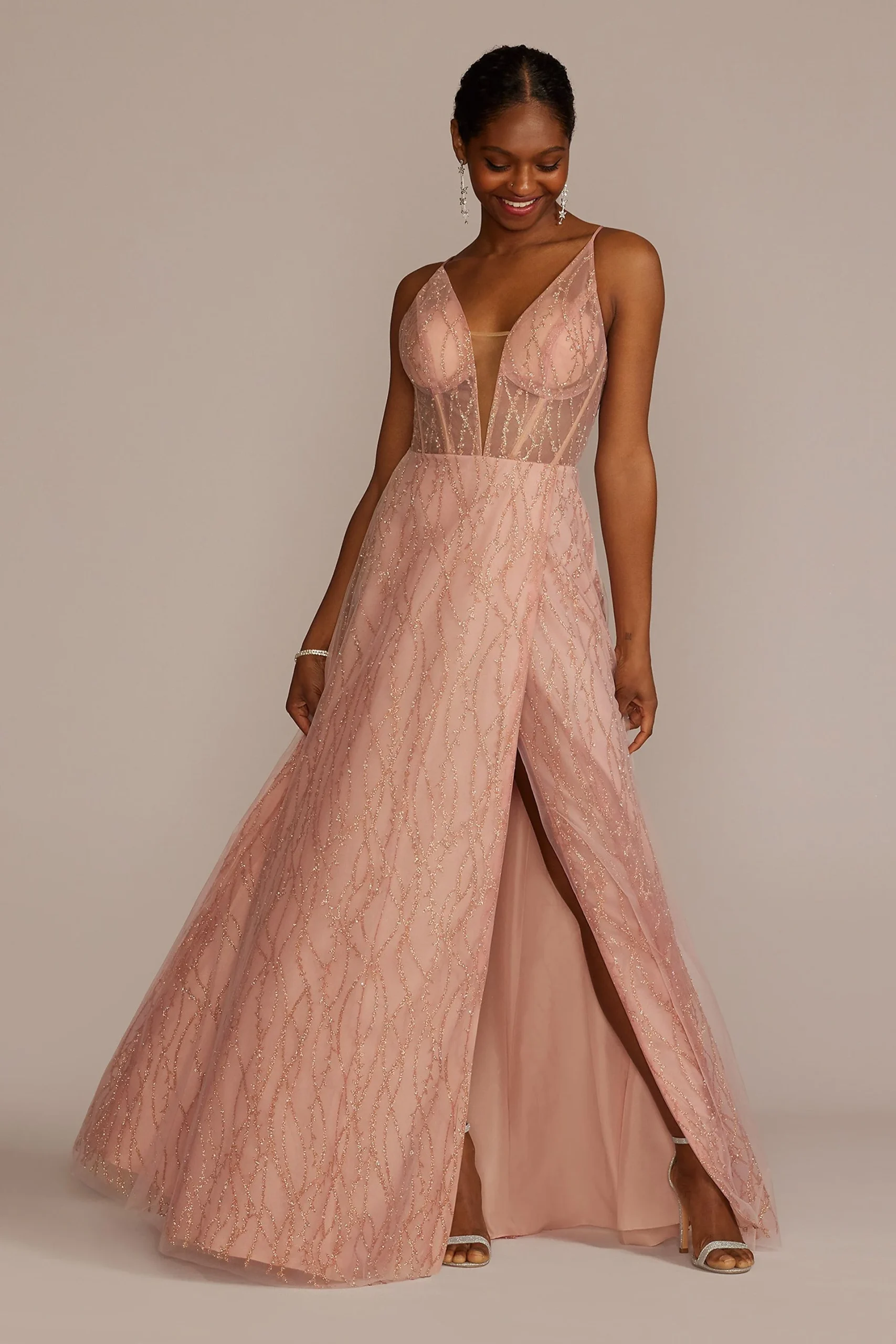 Patterned Sequin Illusion Bodice A-Line with Slit
