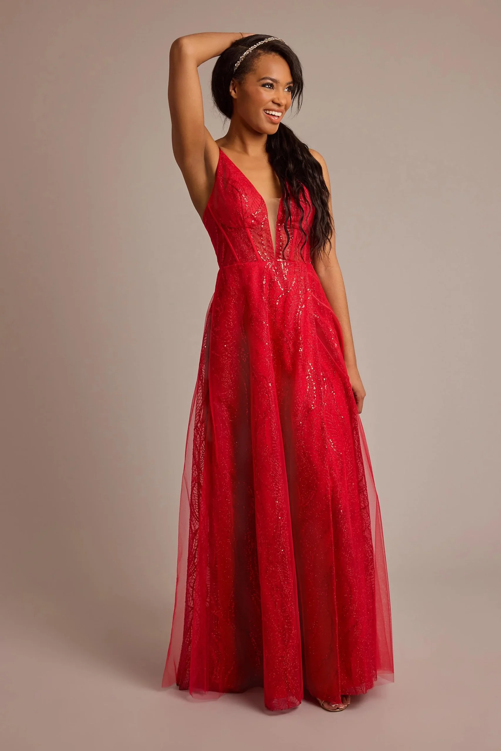 Patterned Sequin A-Line Dress with Plunge Neckline