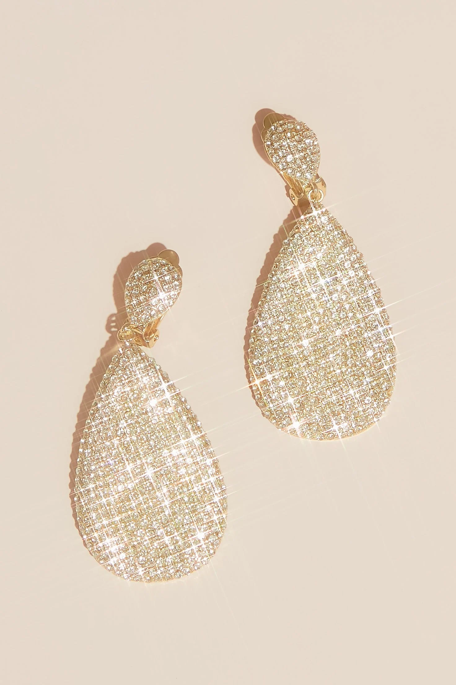 Pave Rhinestone Flat Teardrop Clip-On Earrings