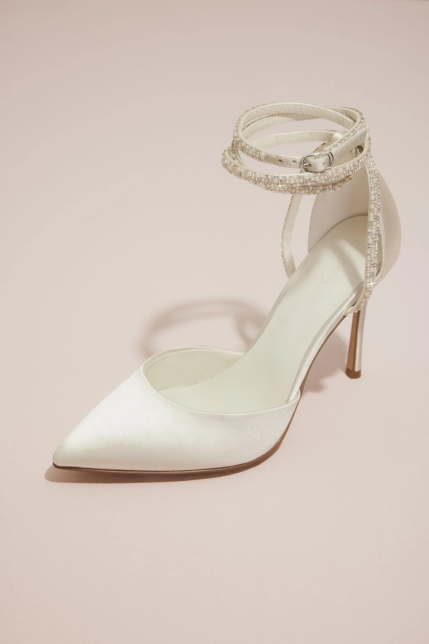 Pearl and Crystal Ankle-Wrap Satin Pumps