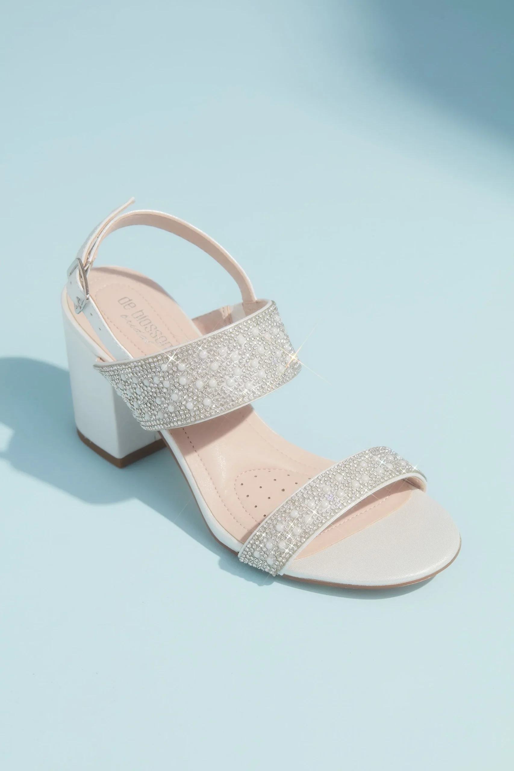 Pearl and Crystal Wide Strap Block Heel Sandals