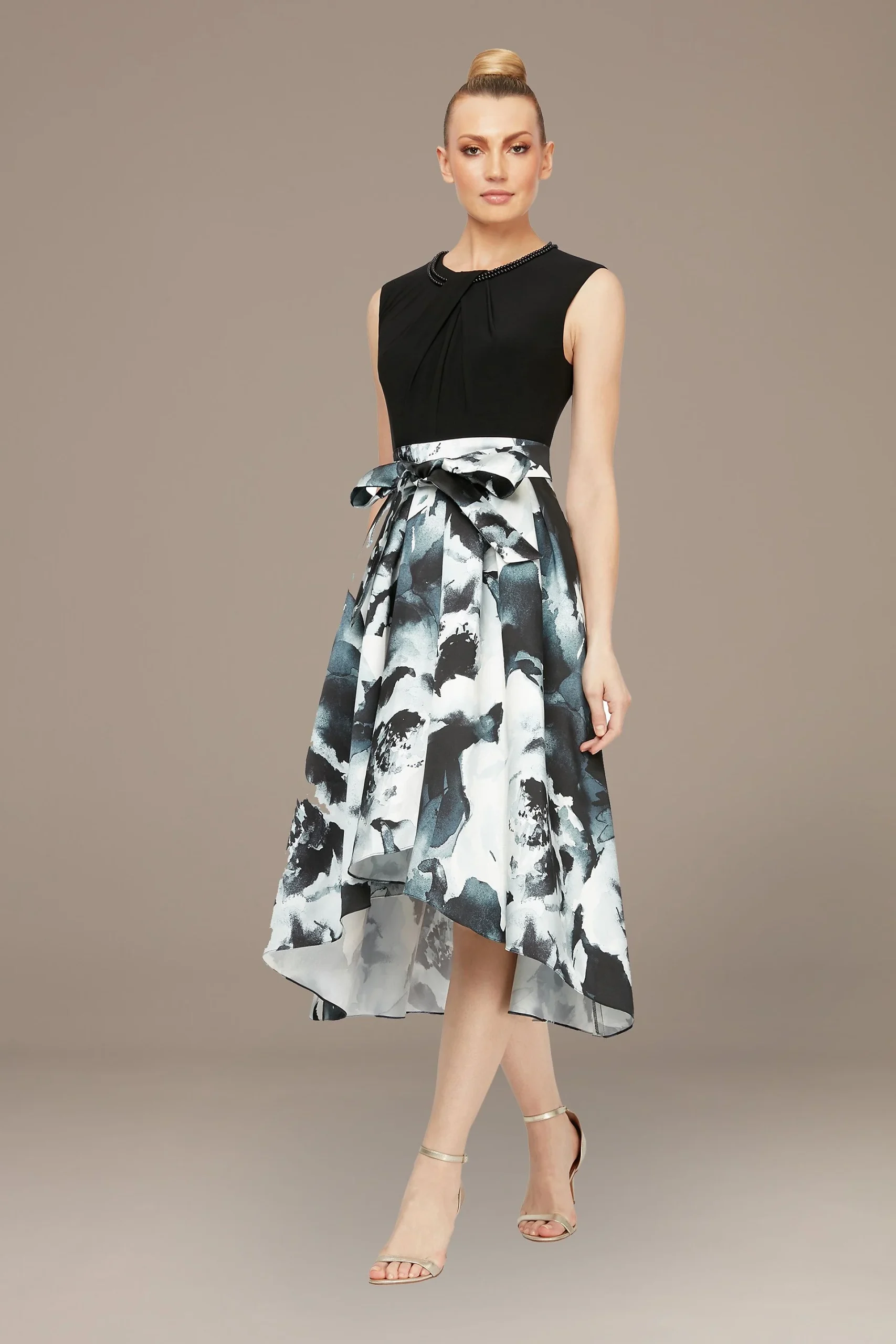 Pearl Neck Printed High Low A-Line Dress