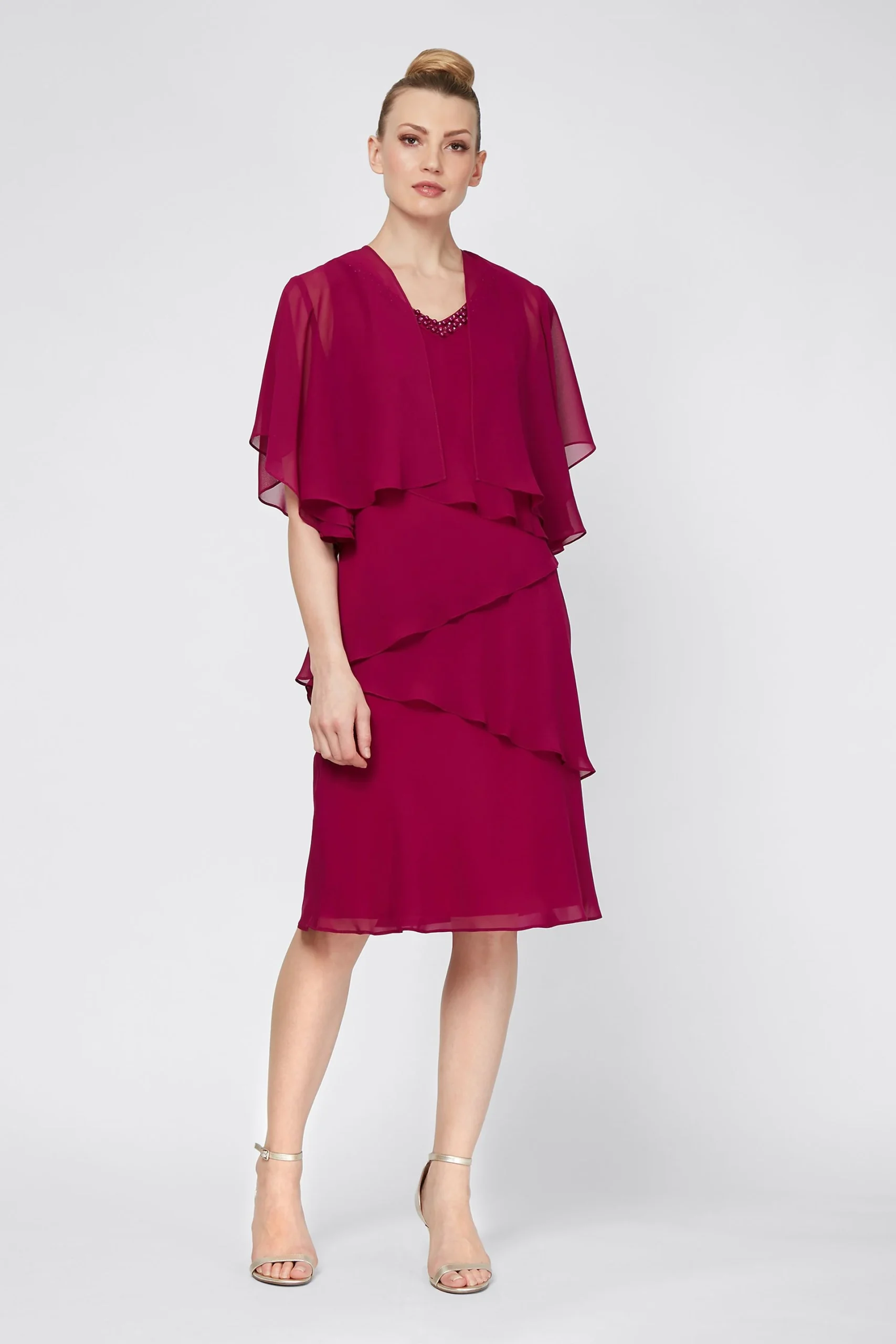 Pearl V-Neck Tiered Chiffon Dress and Jacket