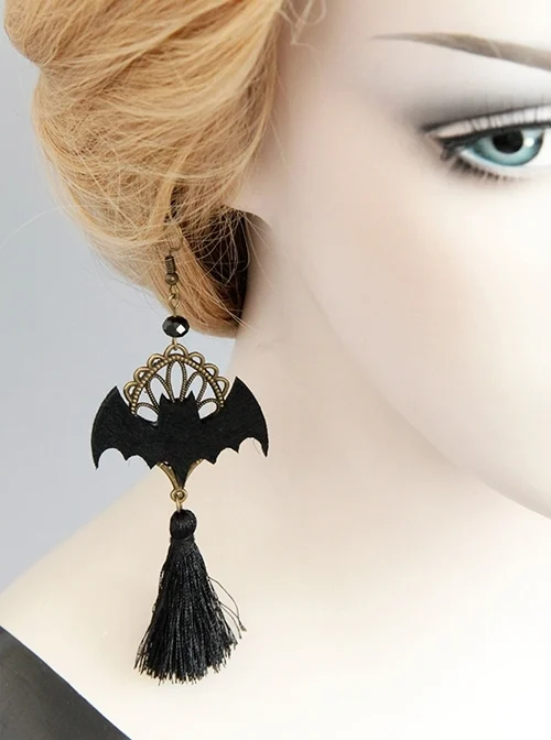 Personality Bat Fashion Temperament Halloween Gothic Black Tassel Felt Cloth Long Model Artificial Crystal Earrings