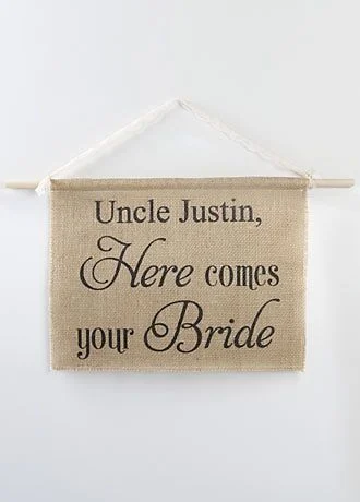 Personalized Burlap Here Comes Your Bride Sign