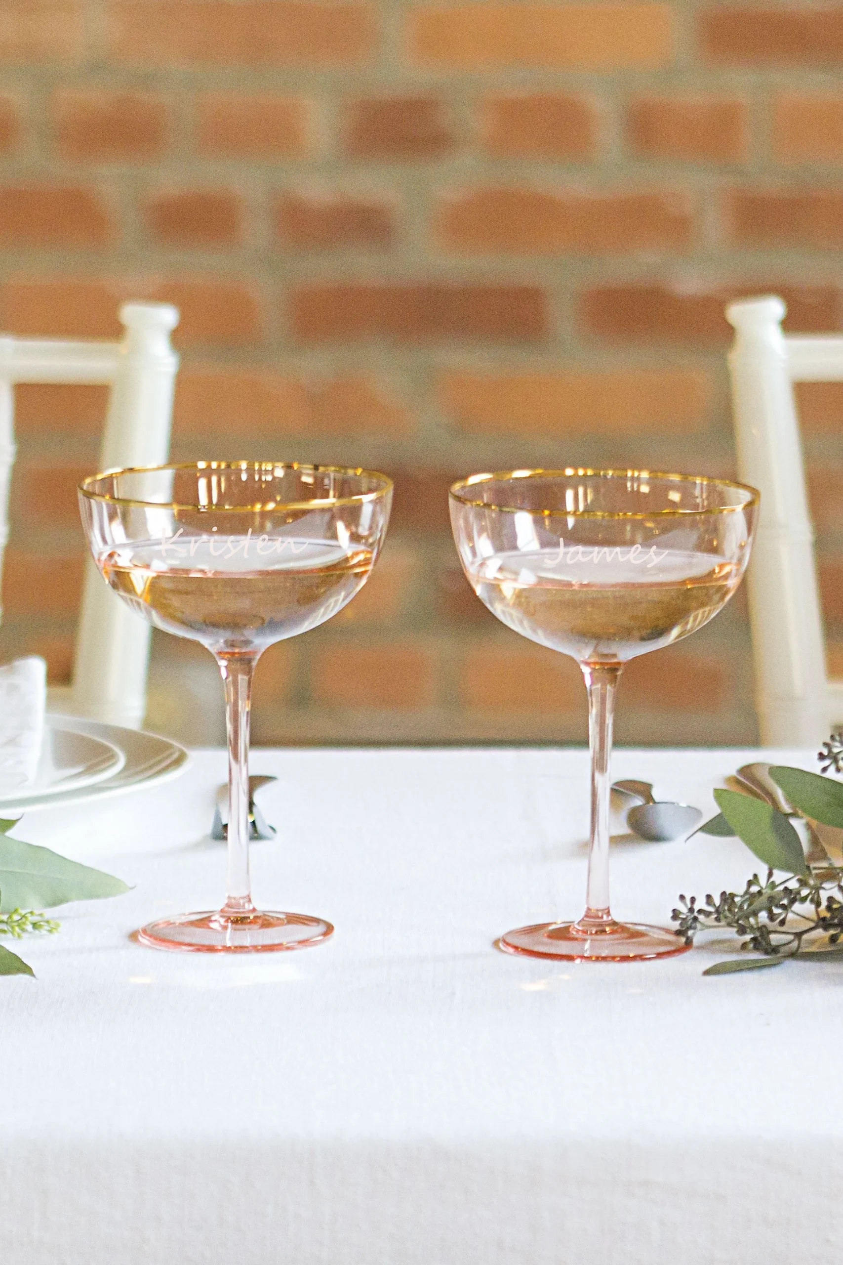 Personalized Gilded Rim Blush Toasting Coupe Set