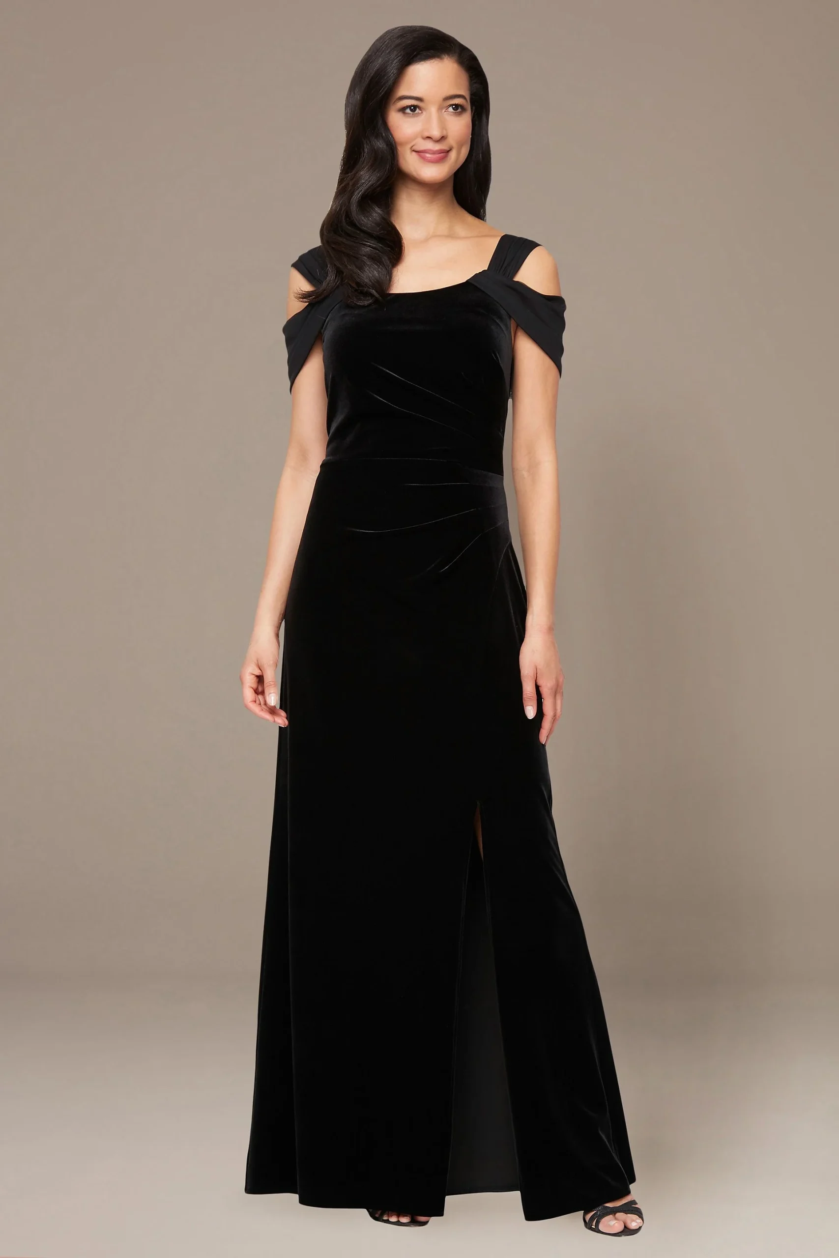 Petite Cold Shoulder Velvet Dress with Mesh Detail
