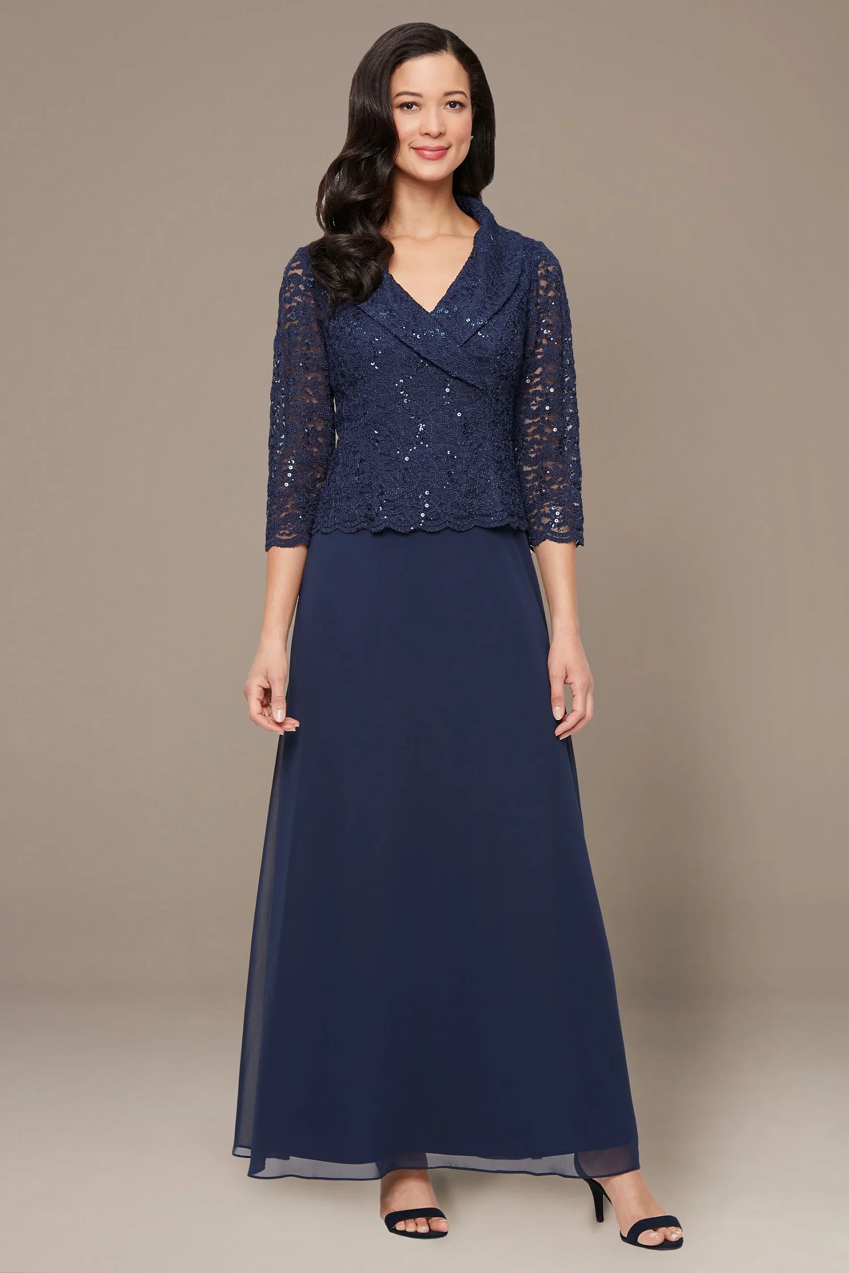 Petite Lace and Chiffon Portrait Collar Dress