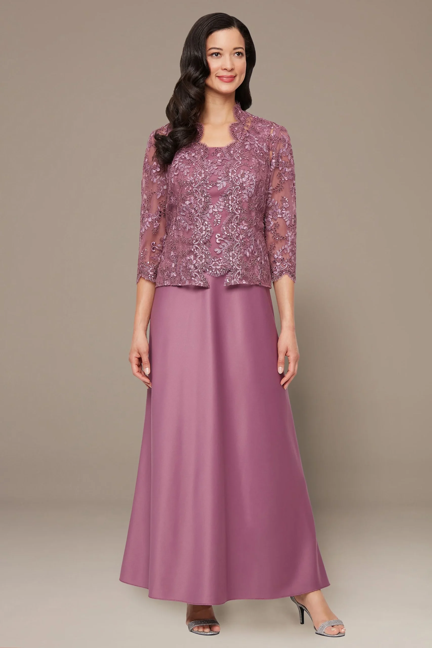 Petite Satin and Chiffon Embroidered Jacket Dress