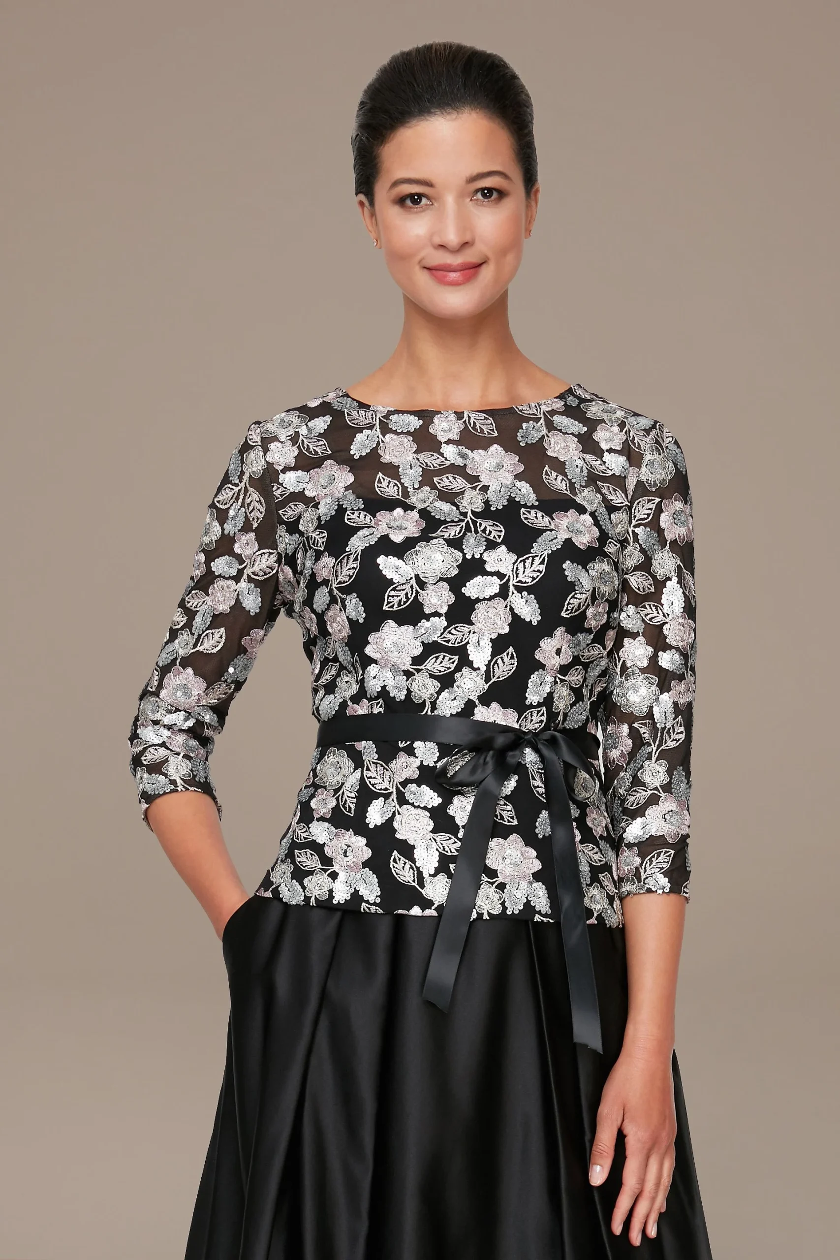 Petite Sequin Embroidered Illusion Blouse