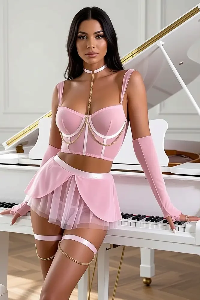 Pink Gold Chain Mesh Garters Thong Gloves Sexy 7Pc Lingerie Set