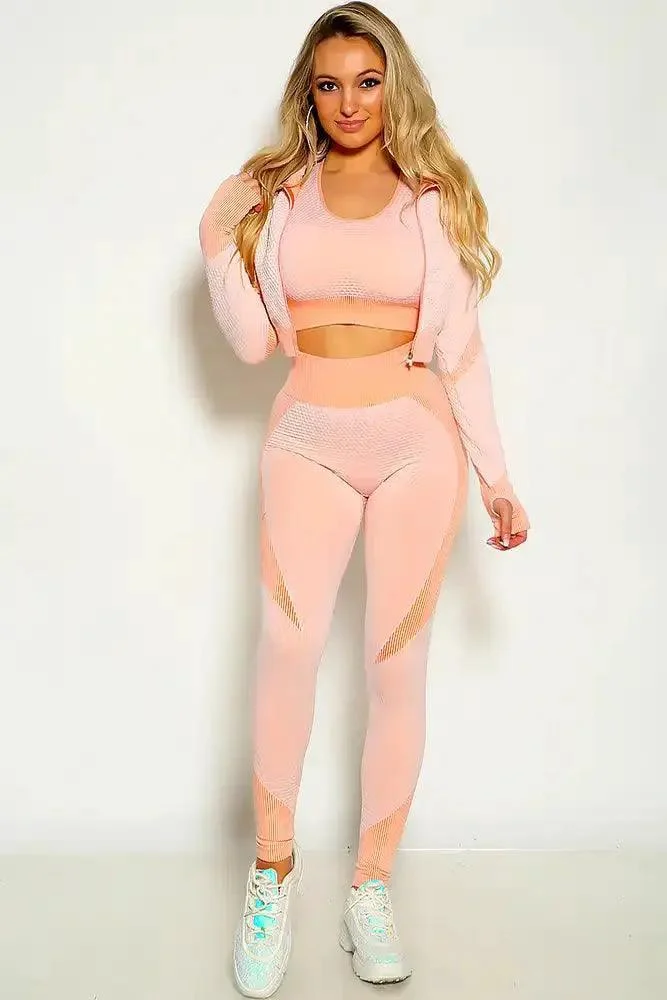 Pink Long Sleeve Cropped Jacket Three Piece Contour Activewear Set
