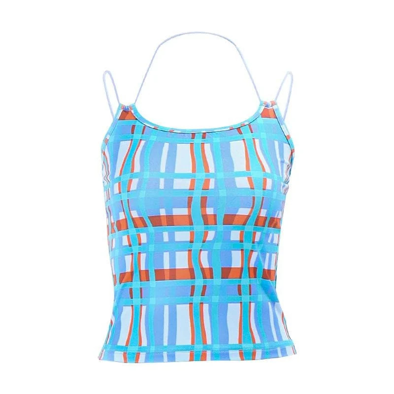 Plaid contrast halter self tie backless crop top