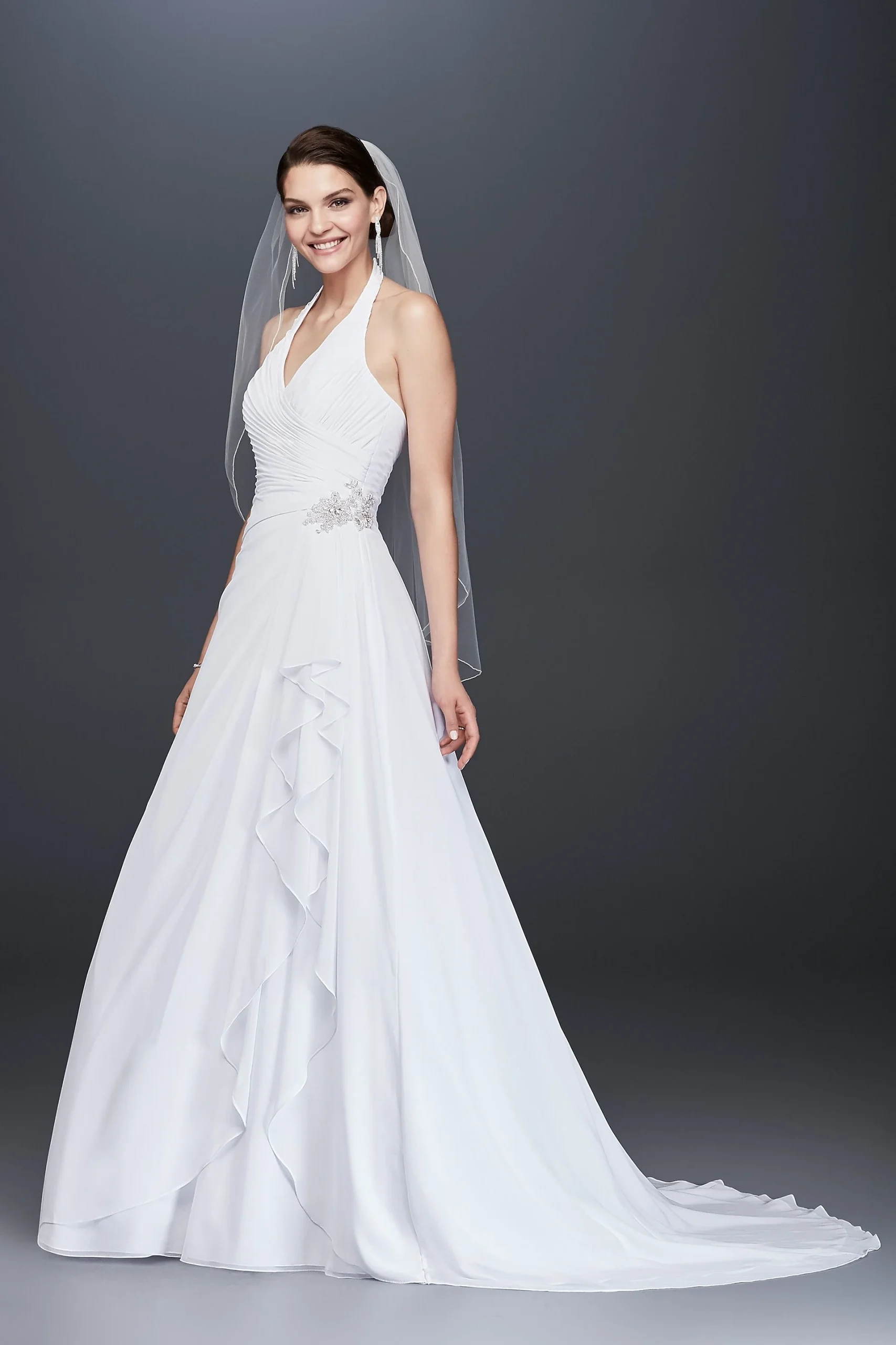 Pleated Chiffon Halter Wedding Dress with Ruffle