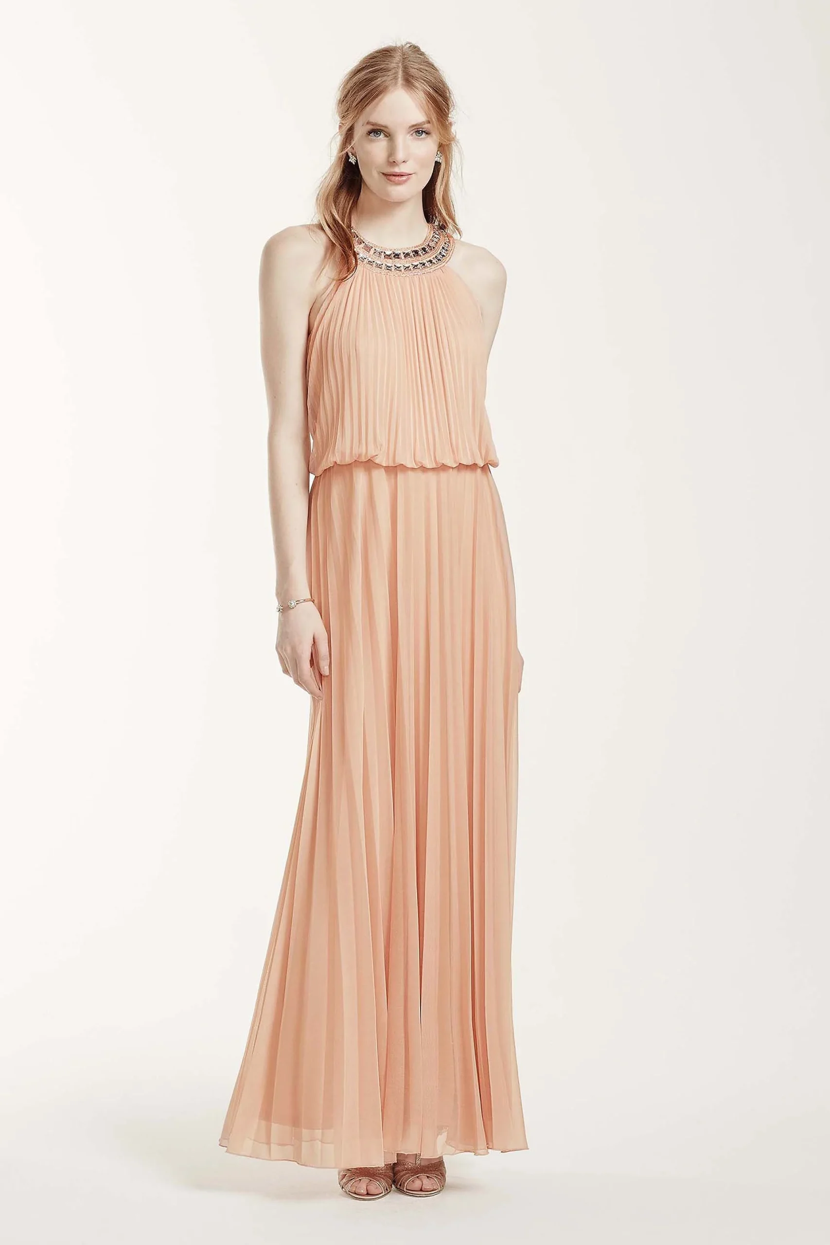 Pleated Crystal Embellished Neckline Blouson Gown