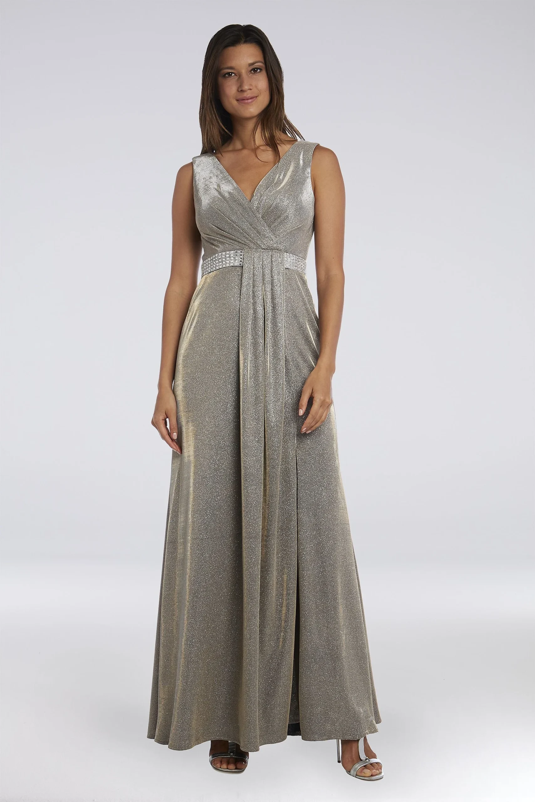 Pleated A-Line Shimmer Knit Dress with Rhinestones