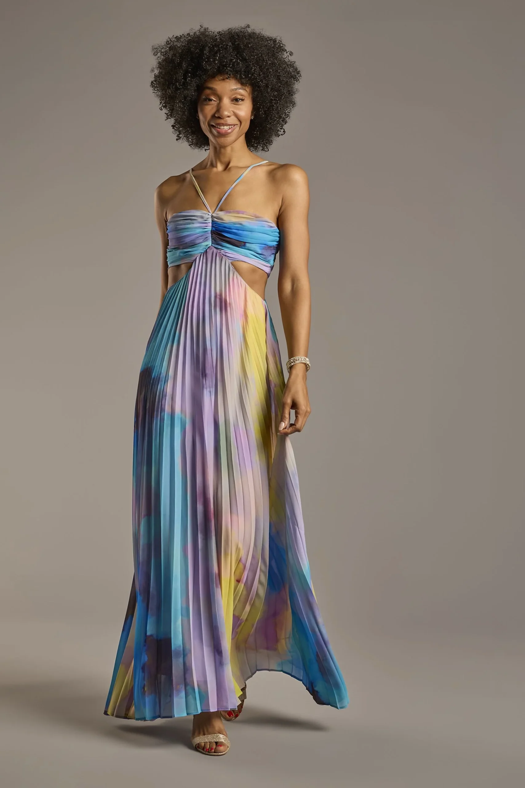 Pleated Watercolor Print Cutout A-Line Dress