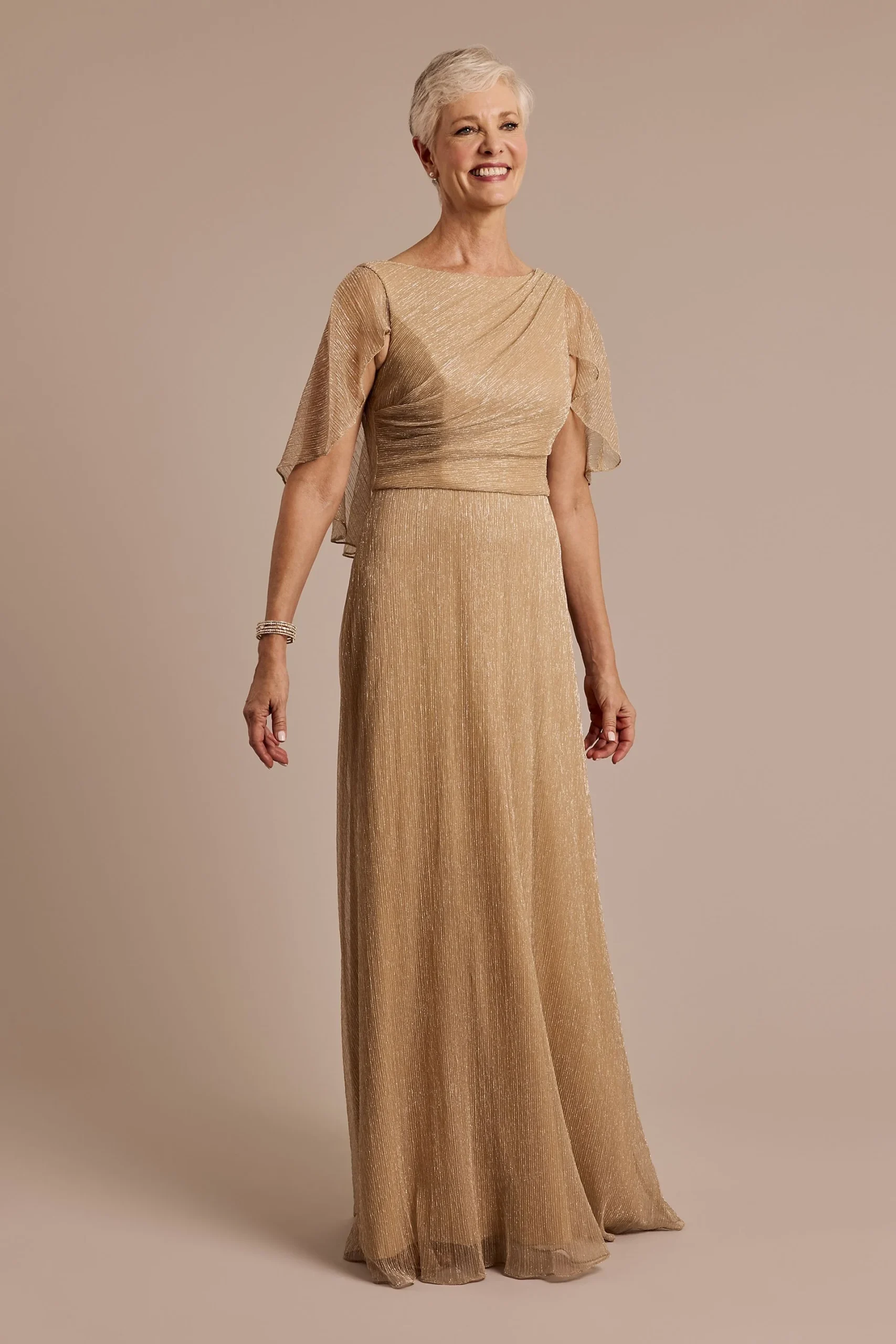 Plisse Knit A-Line Dress with Attached Capelet