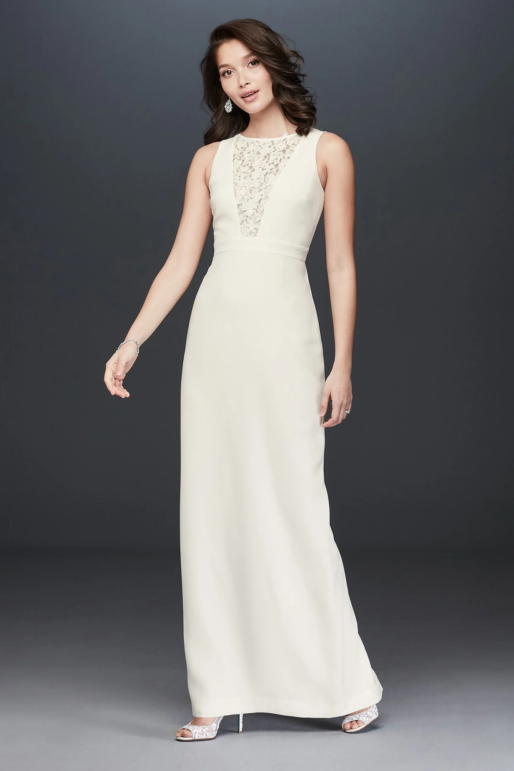 Plunging Illusion Lace Sheath Gown with Flowers