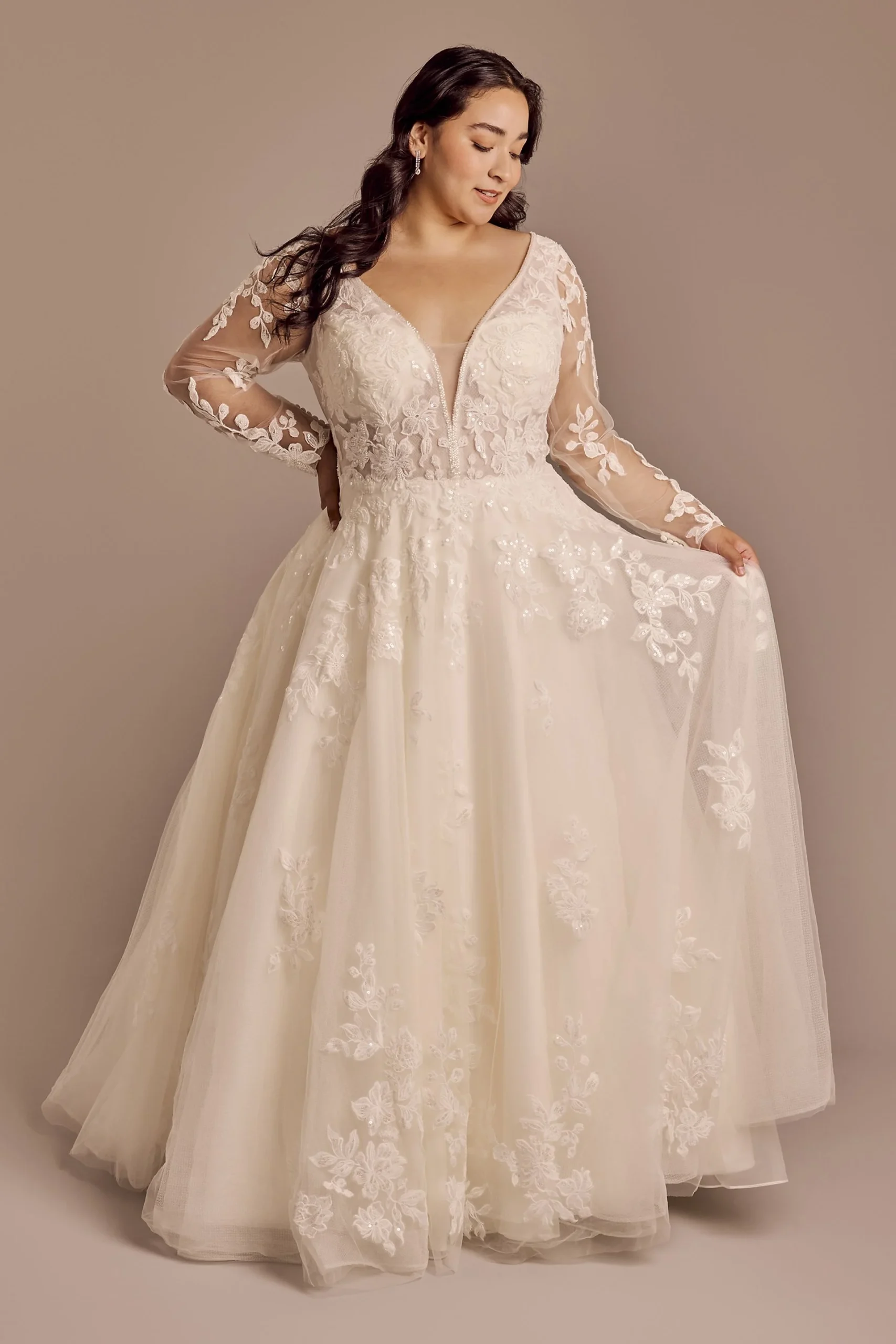Plunging Long Sleeve Tulle Ball Gown Wedding Dress