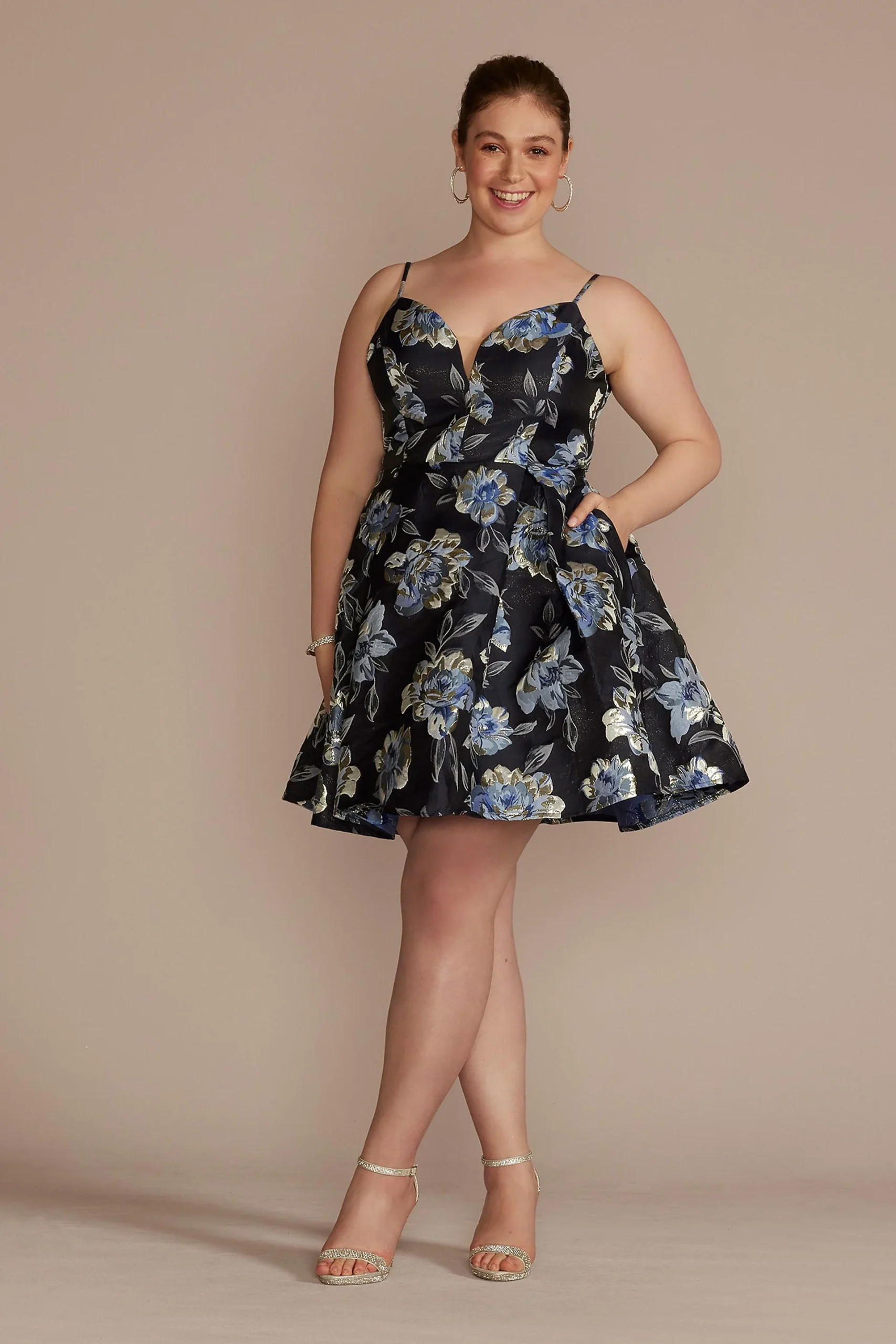 Plunging Metallic Floral Brocade A-Line Dress