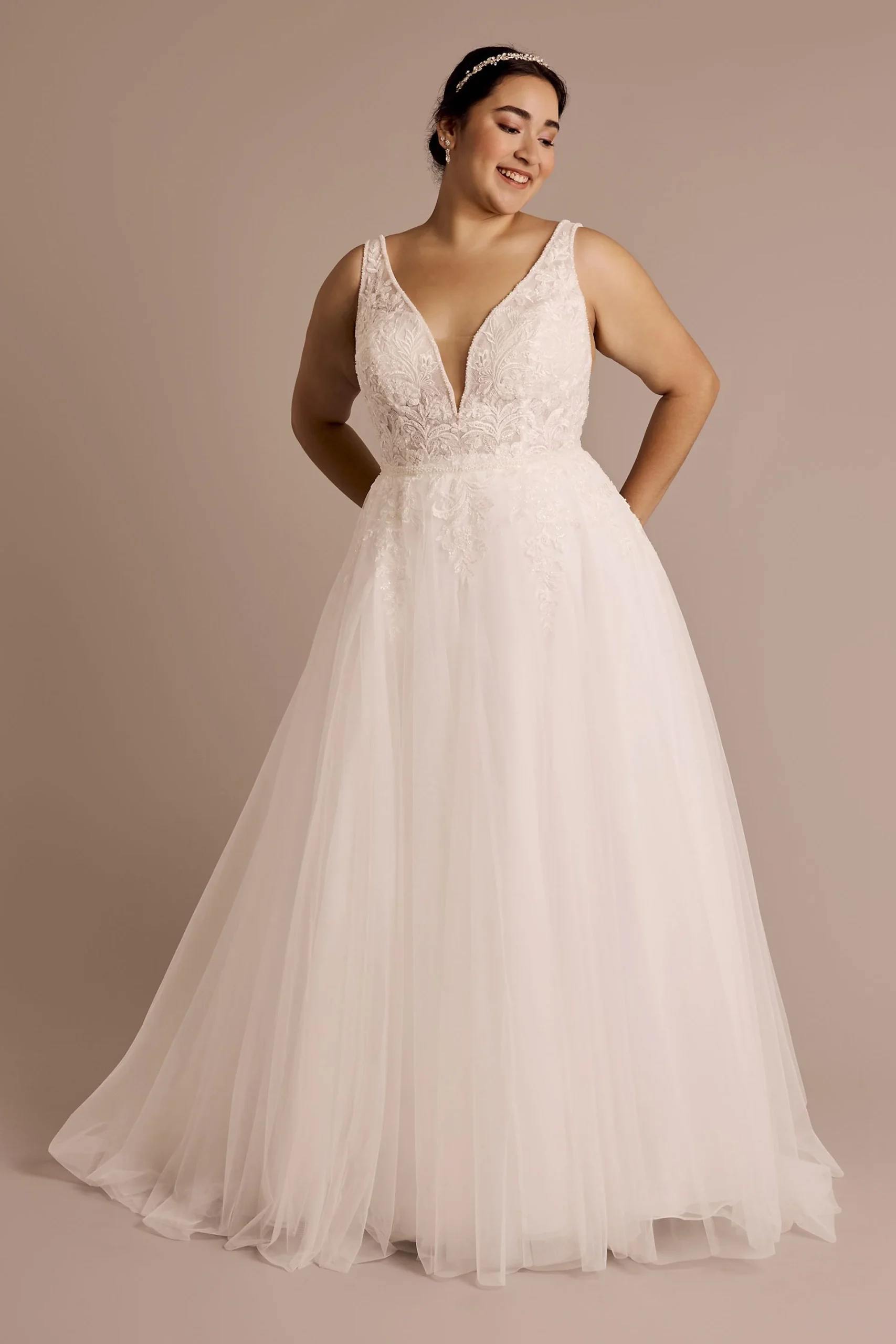 Plunging Neckline Lace and Tulle Ball Gown