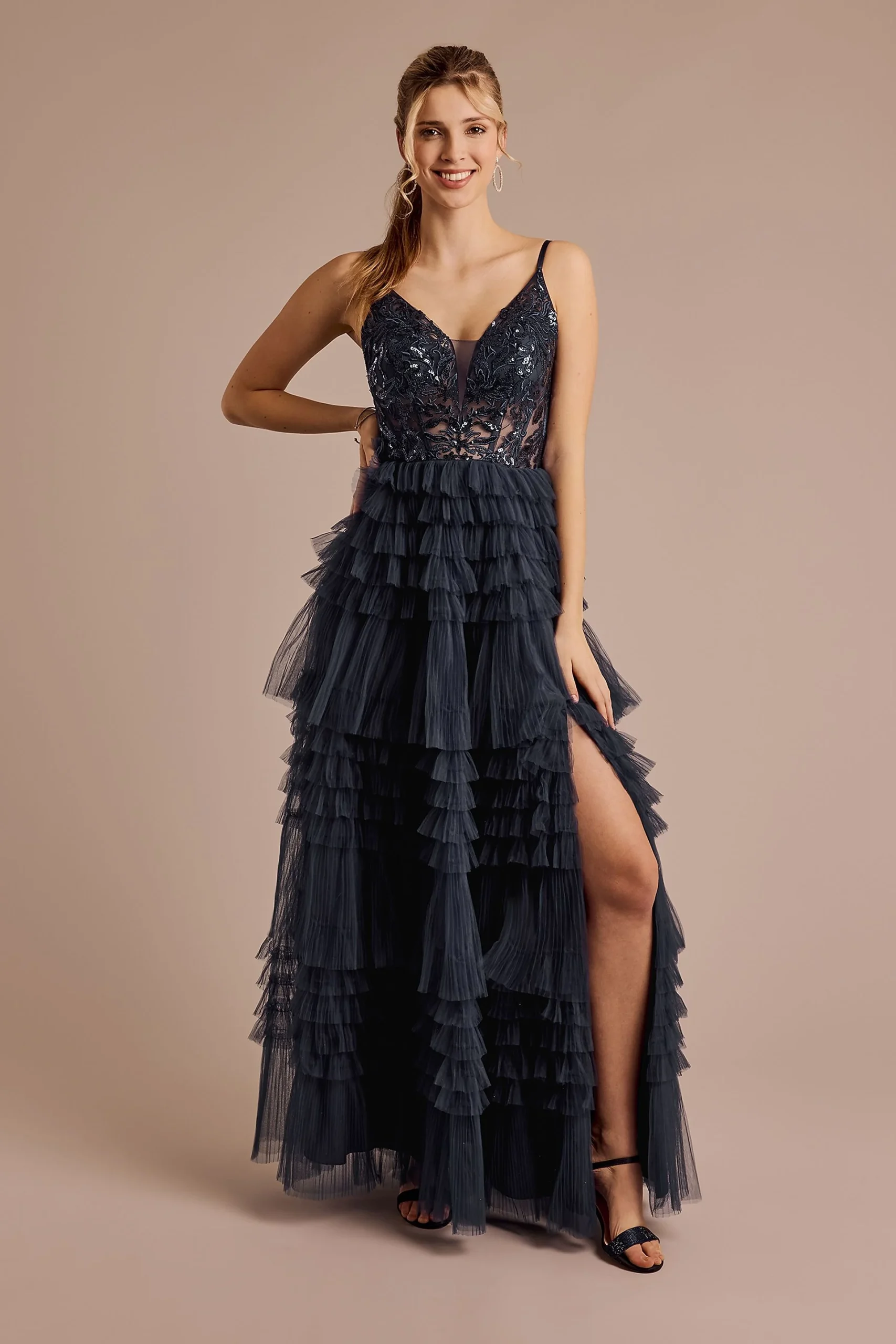 Plunging Neckline Ruffled Tulle Ball Gown