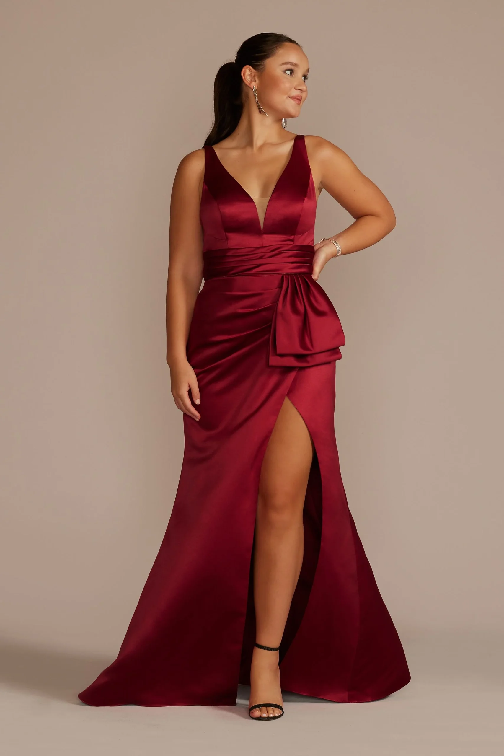 Plunging Satin Tank Sheath Dress with Slit